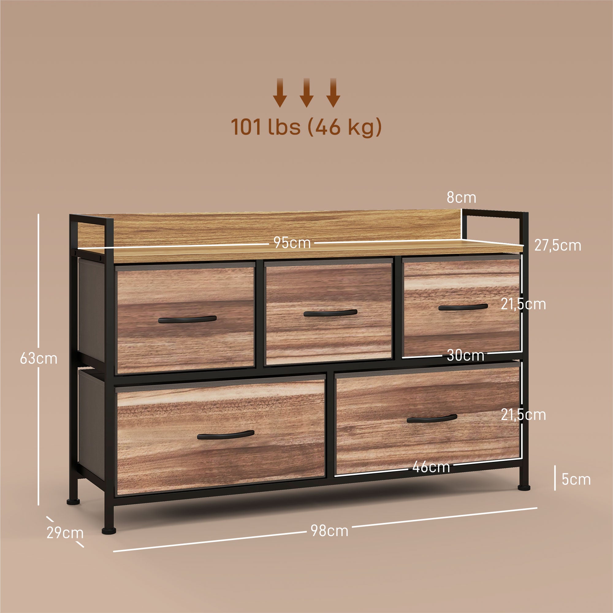 Commode Meuble de Rangement 5 tiroirs en Tissu 98 x 29 x 63 cm structure en acier noir