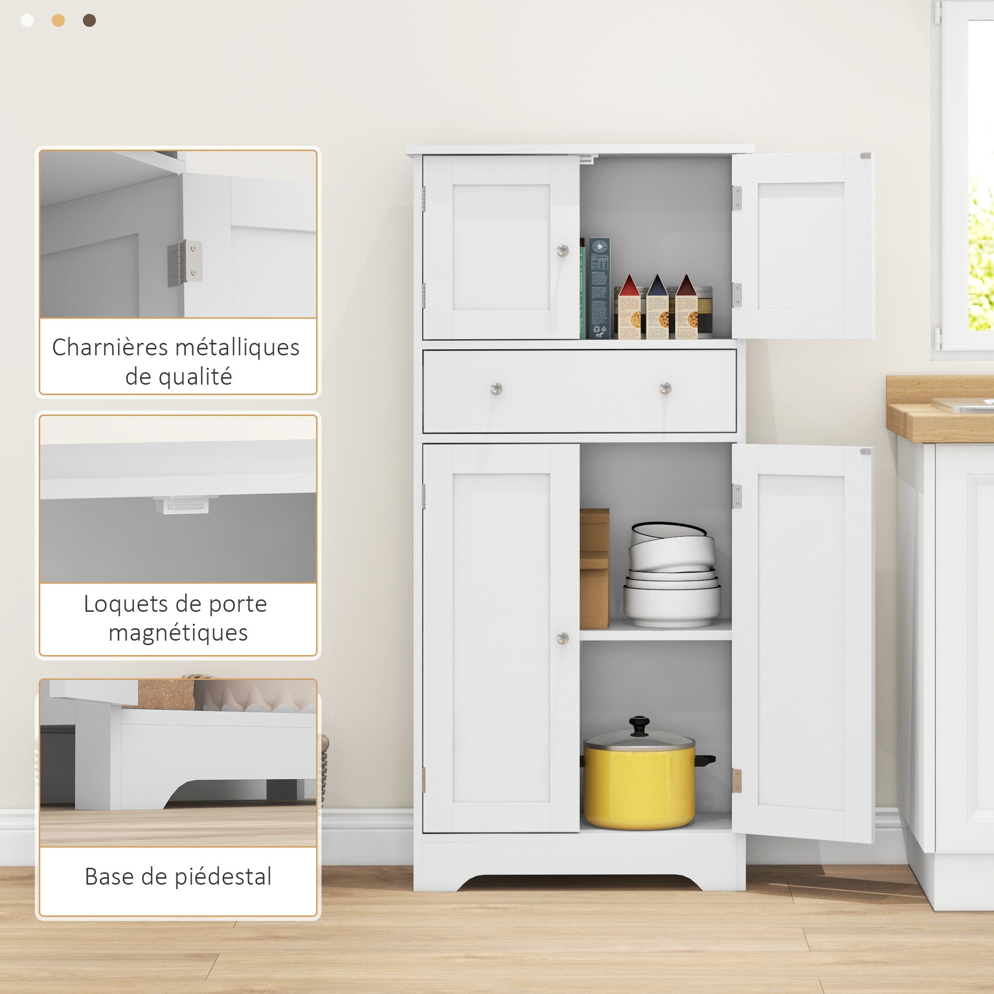 Armoire de cuisine buffet cuisine vaisselier meuble de rangement style moderne avec placards, étagères réglables, tiroir, pour salle à manger, salon, 60 x 30 x 128 cm, blanc