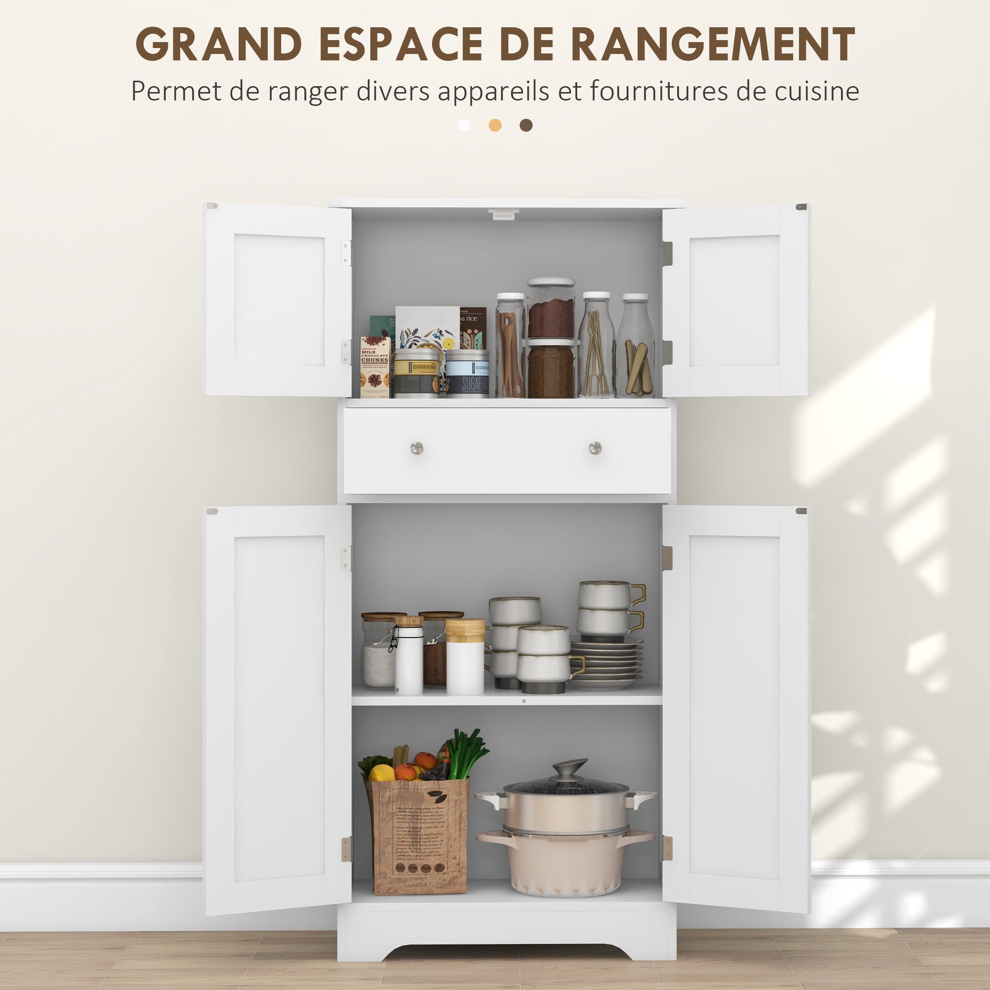 Armoire de cuisine buffet cuisine vaisselier meuble de rangement style moderne avec placards, étagères réglables, tiroir, pour salle à manger, salon, 60 x 30 x 128 cm, blanc