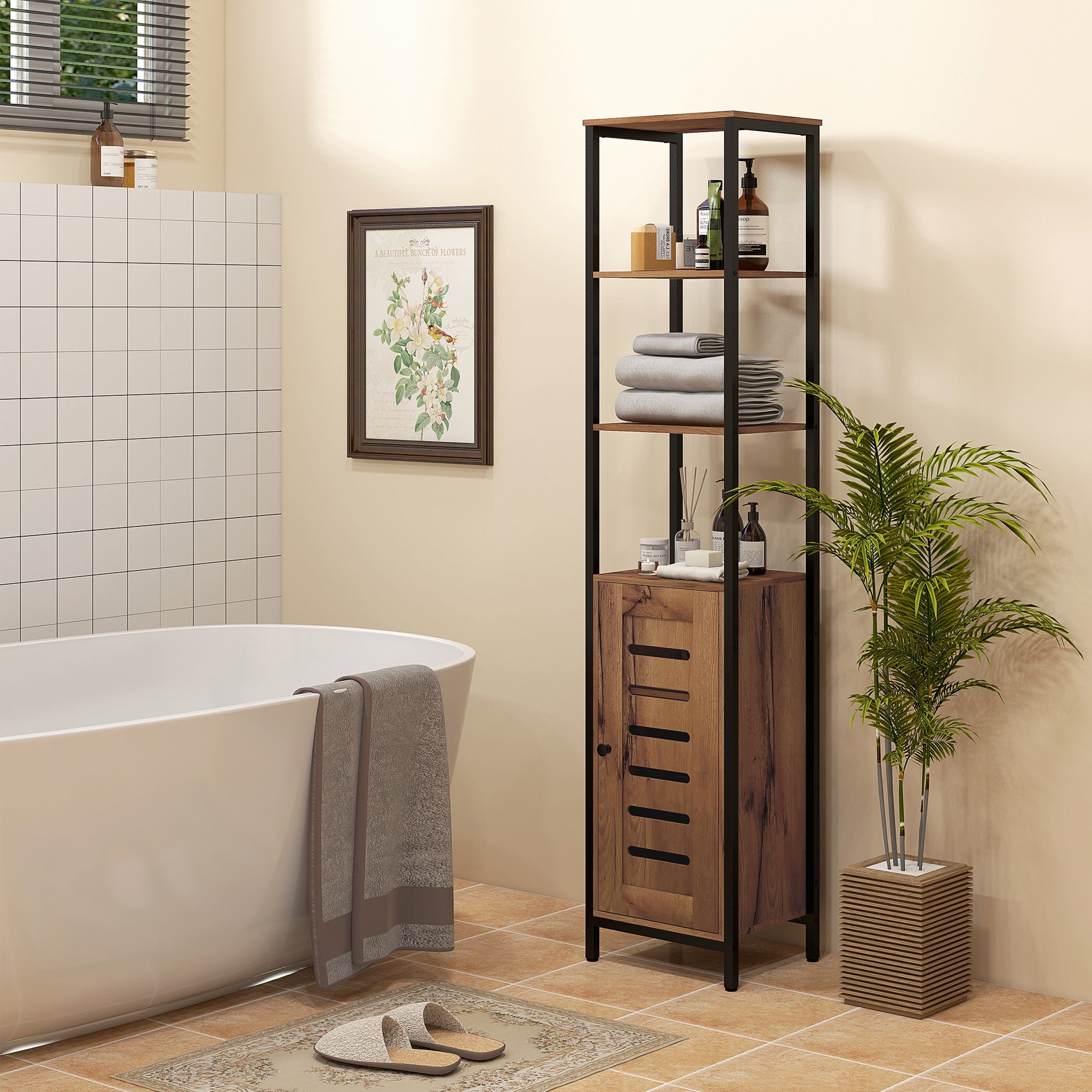 Meuble colonne de salle de bain, armoire de toilette haute, design industriel, avec 3 étagères ouvertes, porte à lamelles et étagères réglables, marron rustique