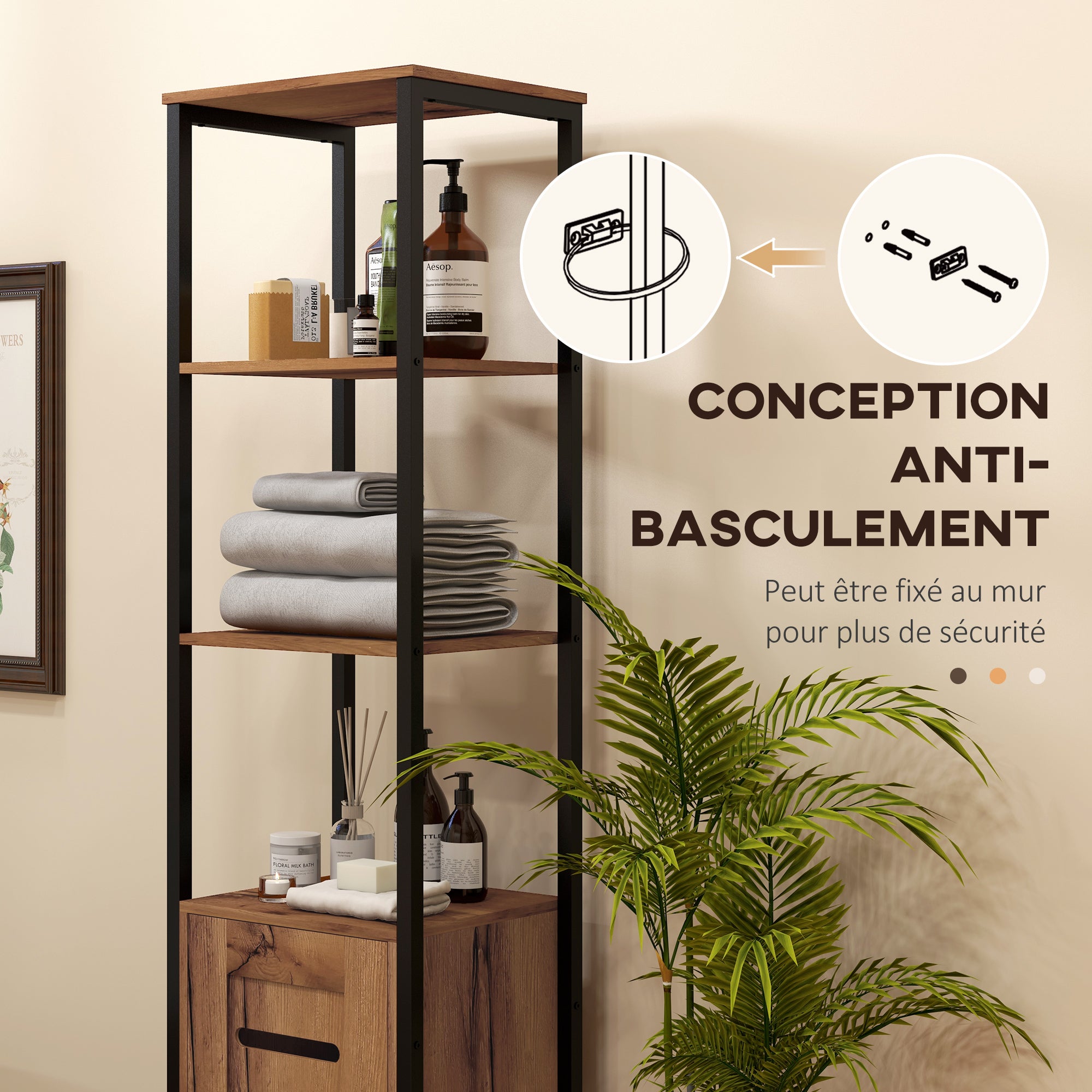 Meuble colonne de salle de bain, armoire de toilette haute, design industriel, avec 3 étagères ouvertes, porte à lamelles et étagères réglables, marron rustique