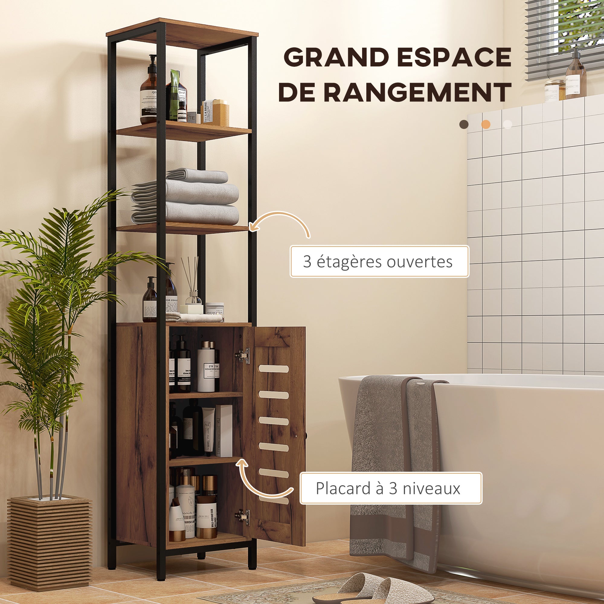 Meuble colonne de salle de bain, armoire de toilette haute, design industriel, avec 3 étagères ouvertes, porte à lamelles et étagères réglables, marron rustique