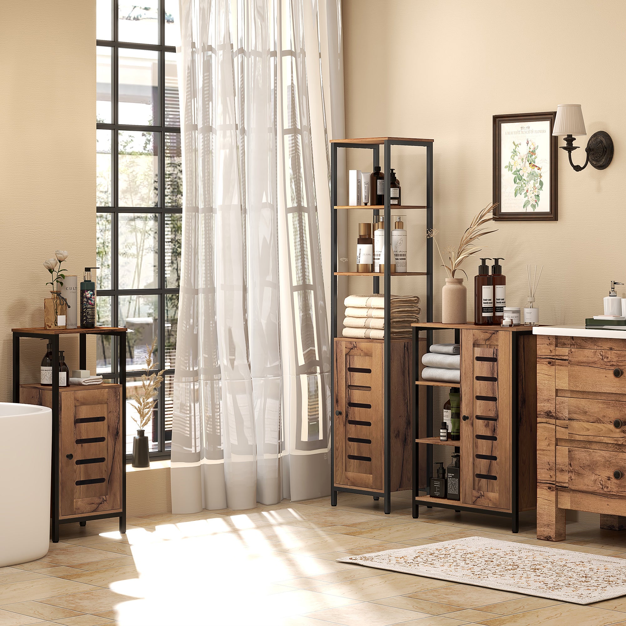 Meuble colonne de salle de bain, armoire de toilette haute, design industriel, avec 3 étagères ouvertes, porte à lamelles et étagères réglables, marron rustique