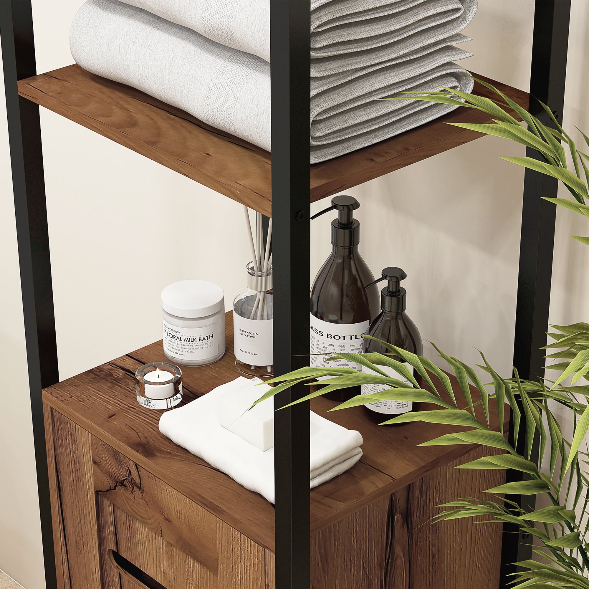 Meuble colonne de salle de bain, armoire de toilette haute, design industriel, avec 3 étagères ouvertes, porte à lamelles et étagères réglables, marron rustique