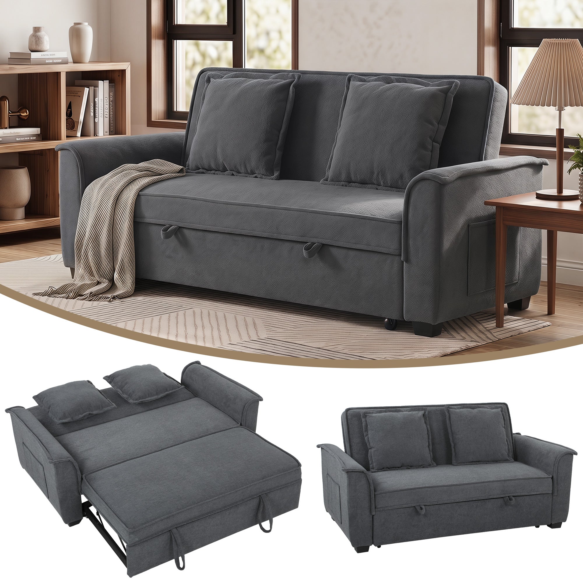 Canapé convertible 2 places, canapé-lit clic-clac en chenille 168cm, dossier réglable, ressorts ensachés, poche latérale, 2 coussins, style moderne, pour salon chambre d'amis petit espace, gris