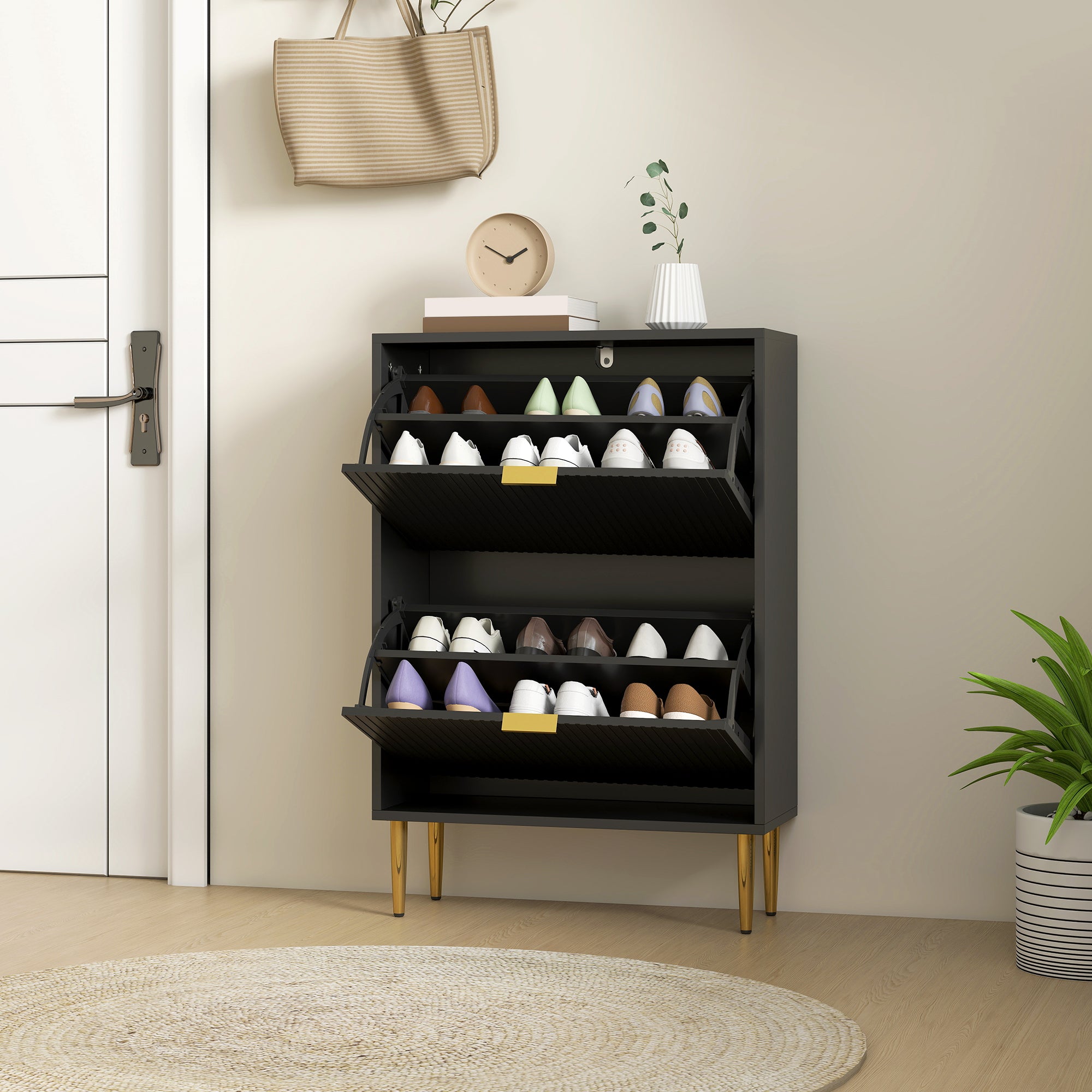 Meuble à chaussures 12 paires, armoire à chaussures étroite moderne avec 2 tiroirs rabattables, portes cannelées et étagères réglables, pour couloir et entrée, 60 x 24 x 91,5 cm, noir