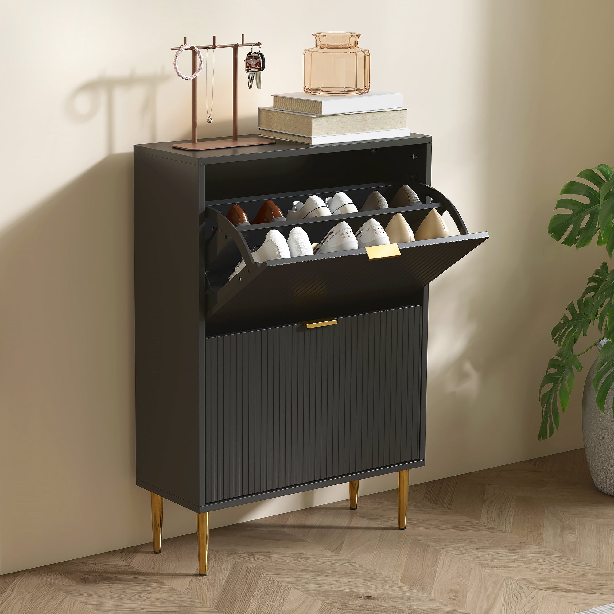 Meuble à chaussures 12 paires, armoire à chaussures étroite moderne avec 2 tiroirs rabattables, portes cannelées et étagères réglables, pour couloir et entrée, 60 x 24 x 91,5 cm, noir