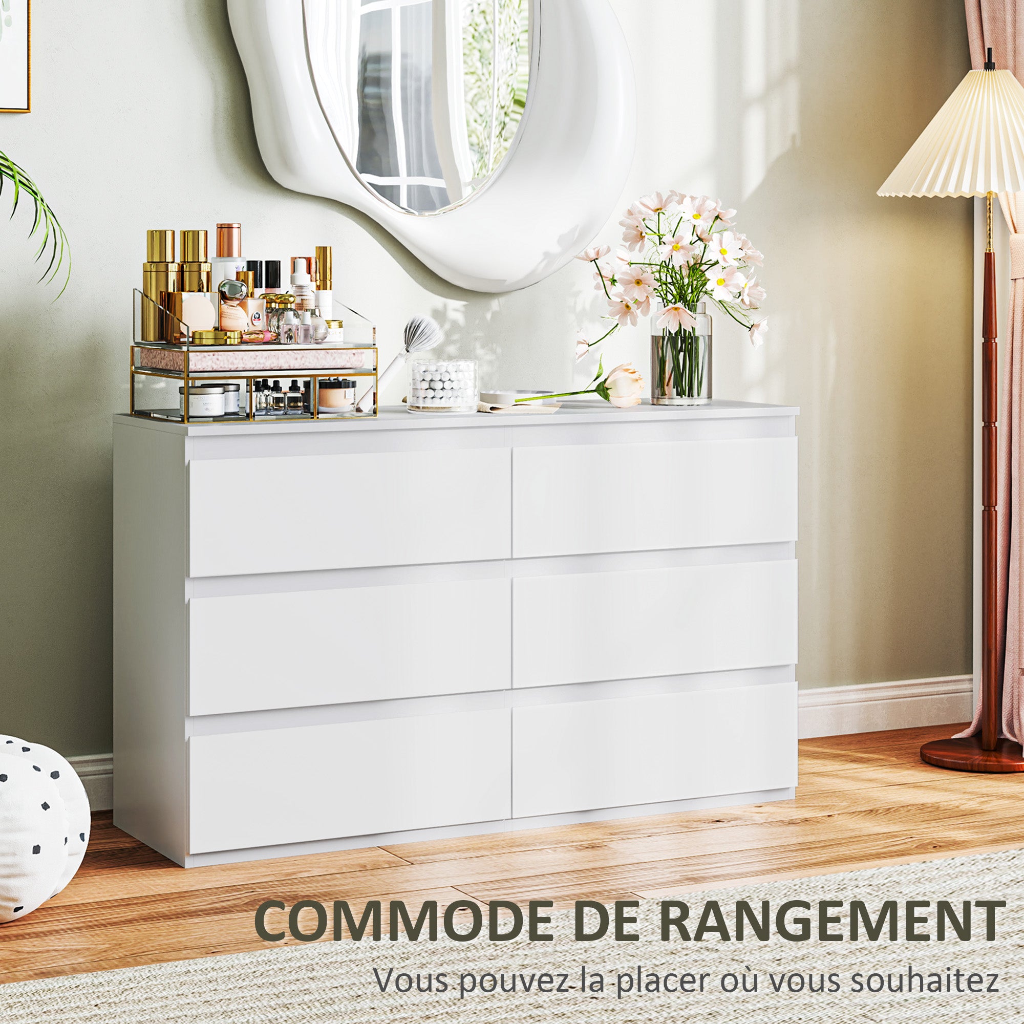 Commode 6 tiroirs commode chambre meuble de rangement épuré style moderne avec mécanisme de fermeture en douceur, pour chambre à coucher, salon - 120 x 39 x 75 cm, blanc