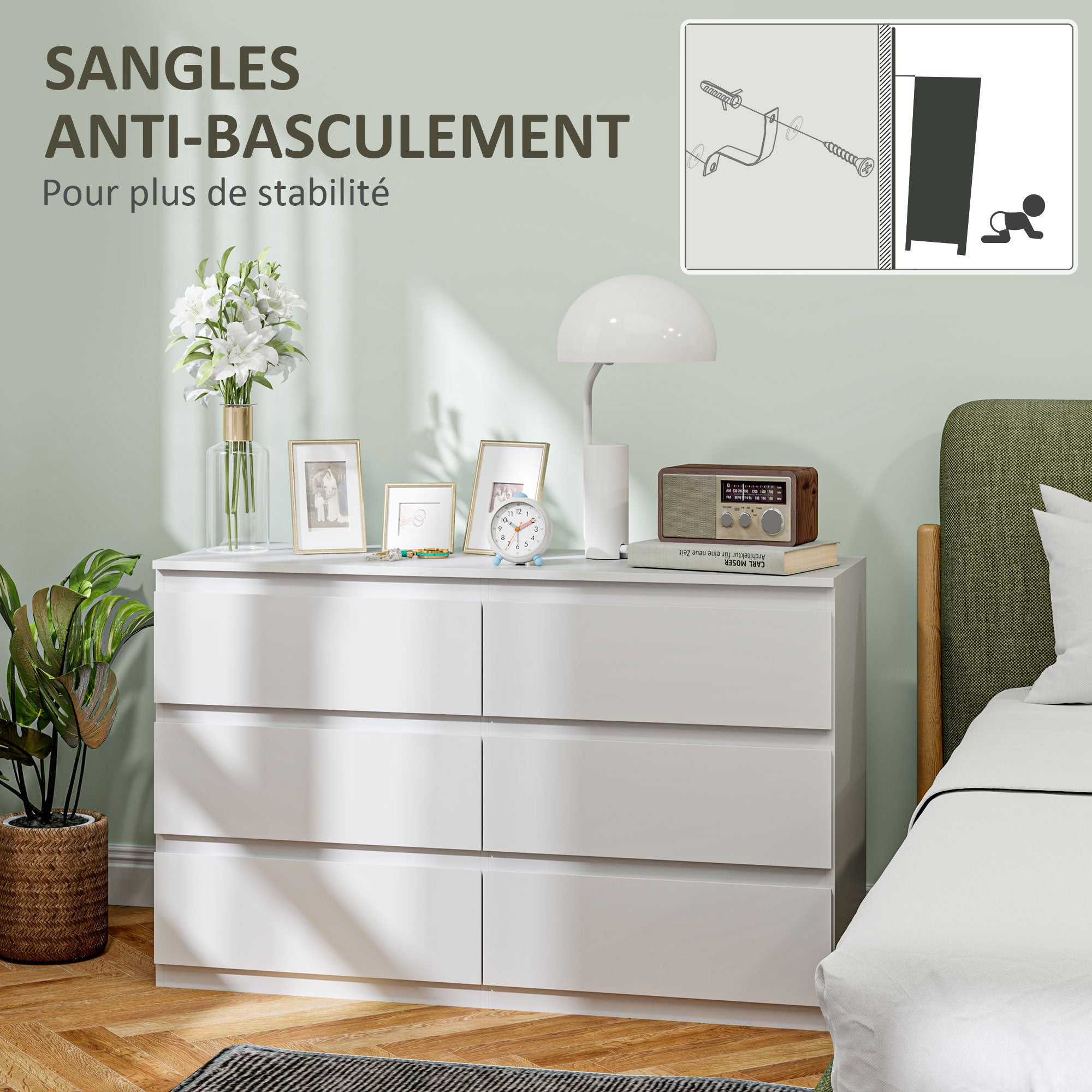 Commode 6 tiroirs commode chambre meuble de rangement épuré style moderne avec mécanisme de fermeture en douceur, pour chambre à coucher, salon - 120 x 39 x 75 cm, blanc