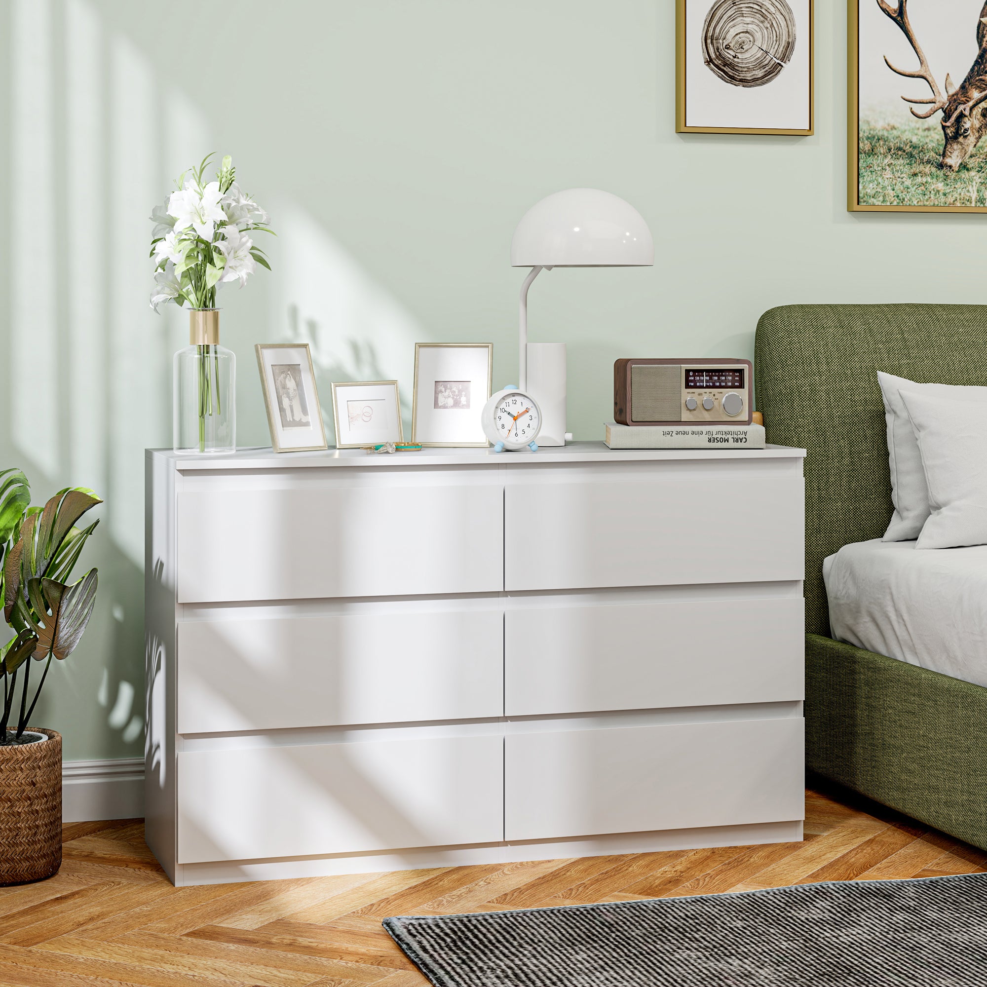 Commode 6 tiroirs commode chambre meuble de rangement épuré style moderne avec mécanisme de fermeture en douceur, pour chambre à coucher, salon - 120 x 39 x 75 cm, blanc
