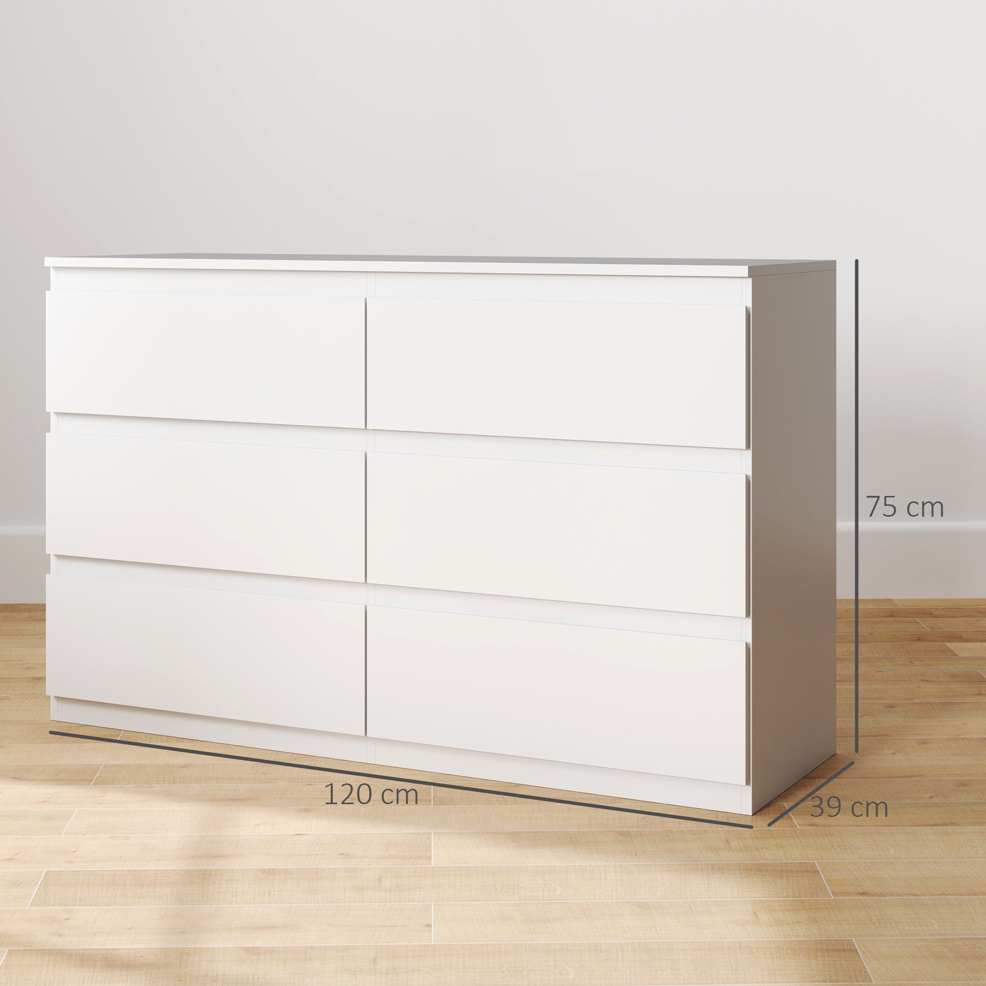 Commode 6 tiroirs commode chambre meuble de rangement épuré style moderne avec mécanisme de fermeture en douceur, pour chambre à coucher, salon - 120 x 39 x 75 cm, blanc