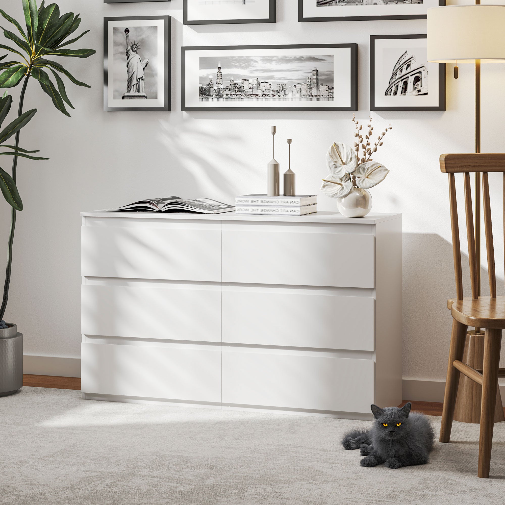 Commode 6 tiroirs commode chambre meuble de rangement épuré style moderne avec mécanisme de fermeture en douceur, pour chambre à coucher, salon - 120 x 39 x 75 cm, blanc