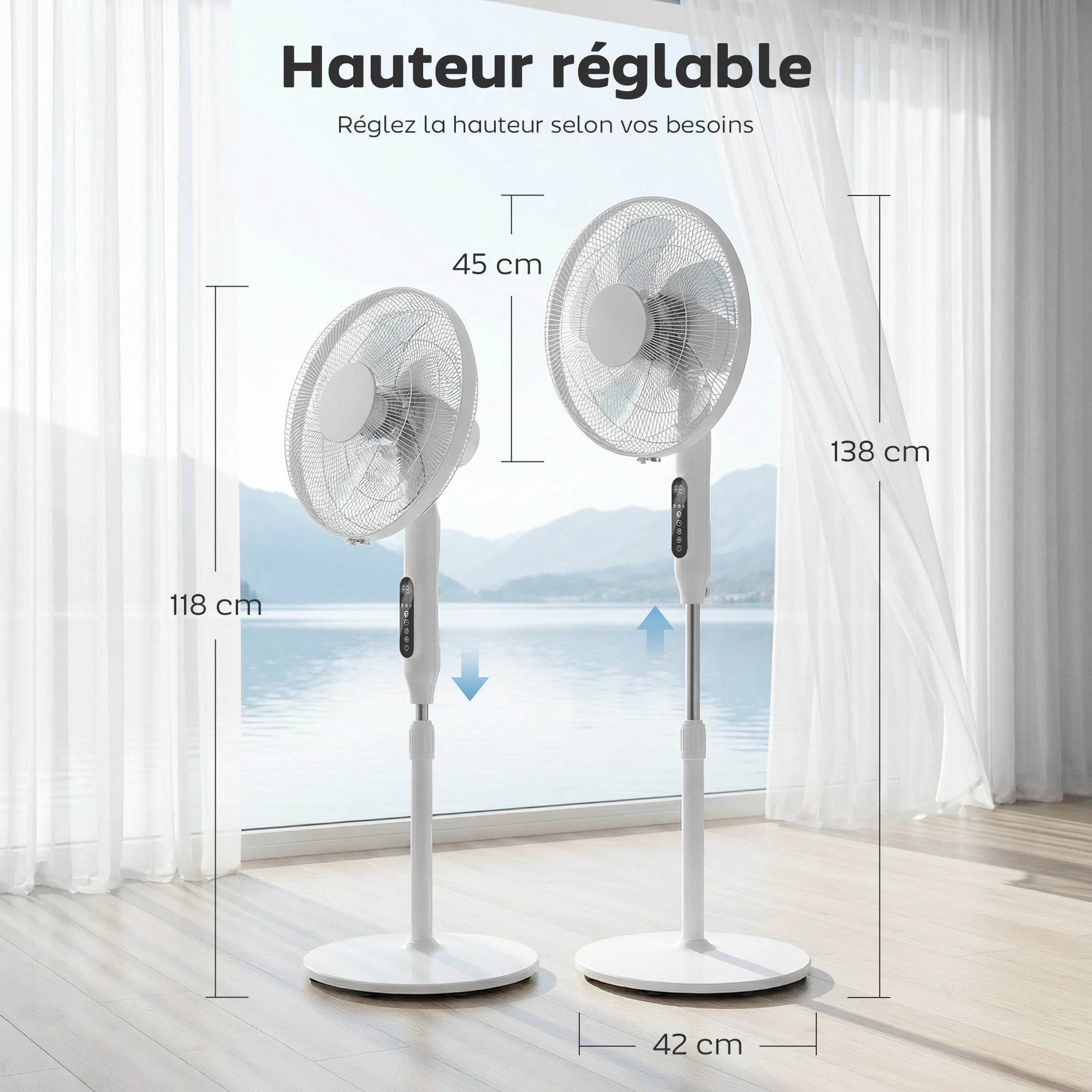 Ventilateur sur pied contrôlé par APP, ventilateur 45 cm avec télécommande, 3 vitesses, 3 modes, hauteur réglable 118-138 cm, minuterie 15 h, oscillant, pour chambre, salon, bureau, blanc