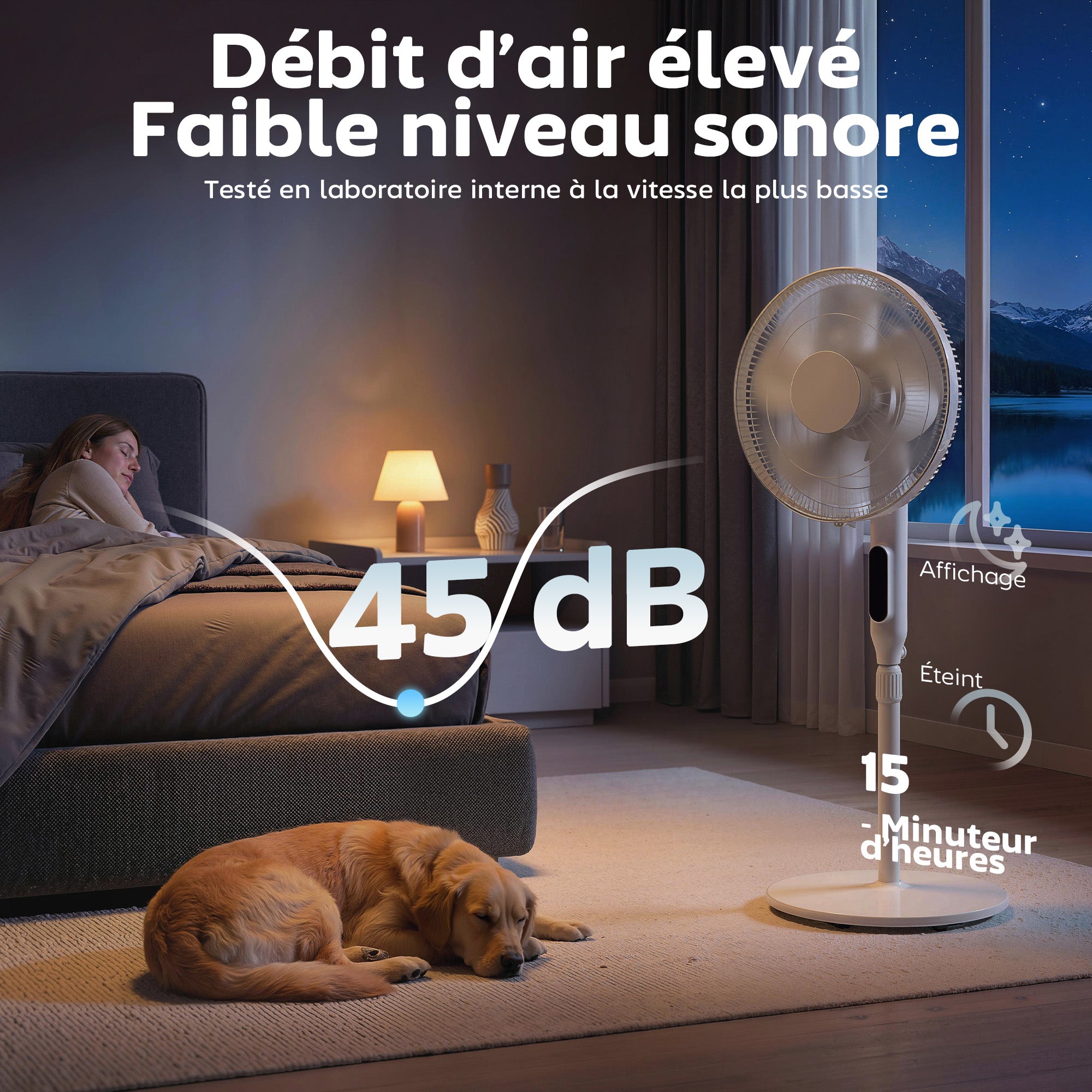 Ventilateur sur pied contrôlé par APP, ventilateur 45 cm avec télécommande, 3 vitesses, 3 modes, hauteur réglable 118-138 cm, minuterie 15 h, oscillant, pour chambre, salon, bureau, blanc