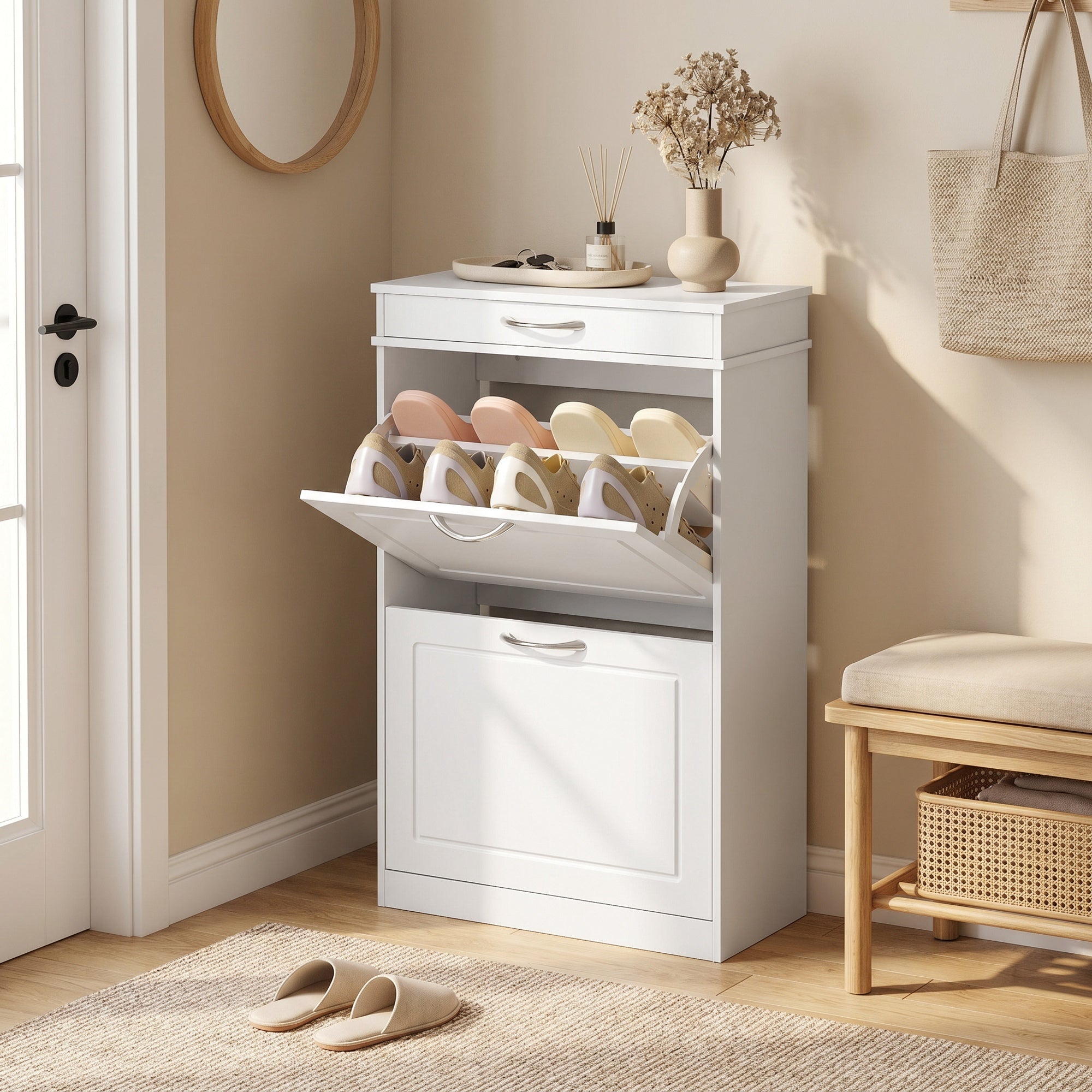 Meuble chaussure 8 paires, armoire à chaussures étroit avec tiroir et 2 portes abattants et étagère réglable, meuble d'entrée et couloir, 53 x 26,5 x 89 cm, blanc