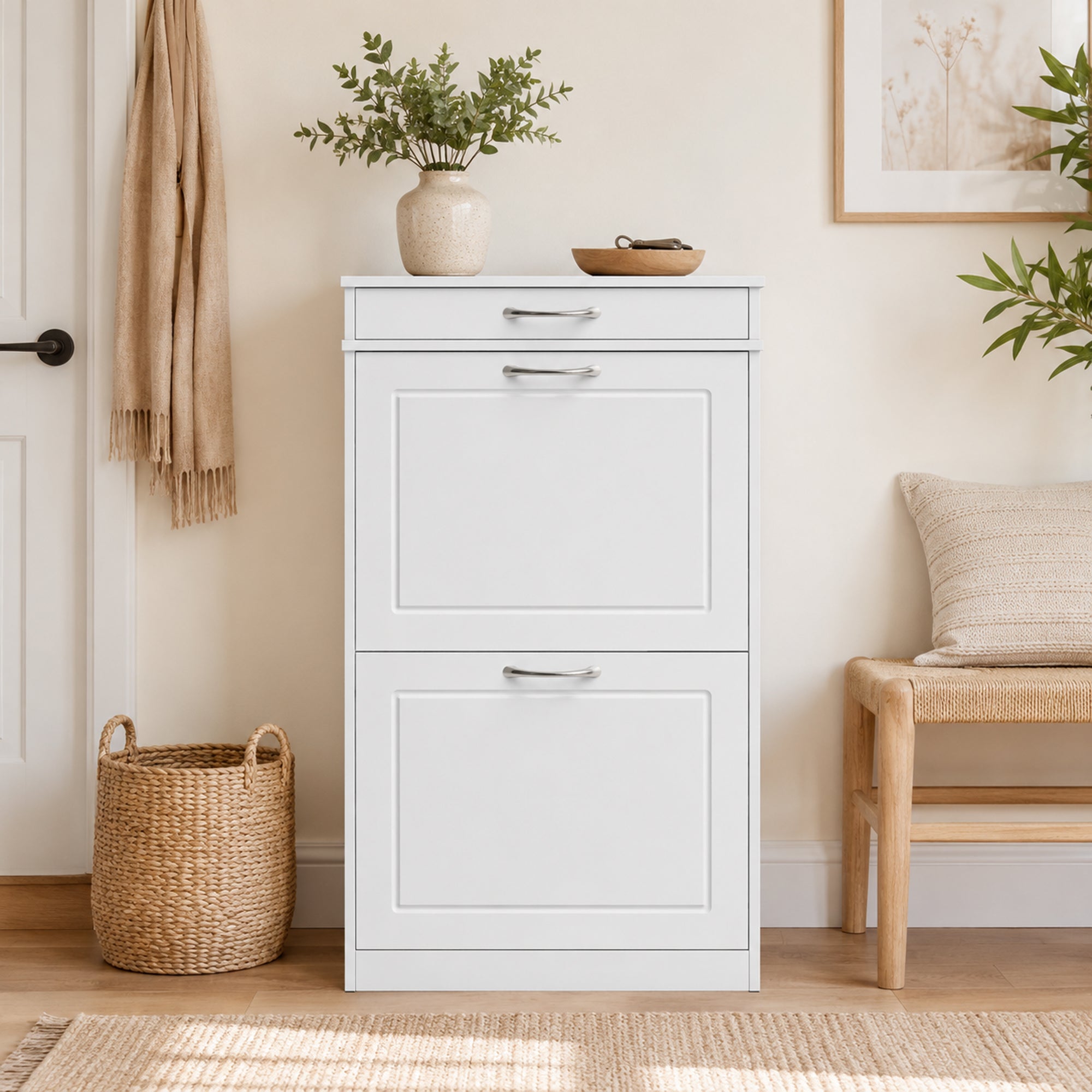 Meuble chaussure 8 paires, armoire à chaussures étroit avec tiroir et 2 portes abattants et étagère réglable, meuble d'entrée et couloir, 53 x 26,5 x 89 cm, blanc
