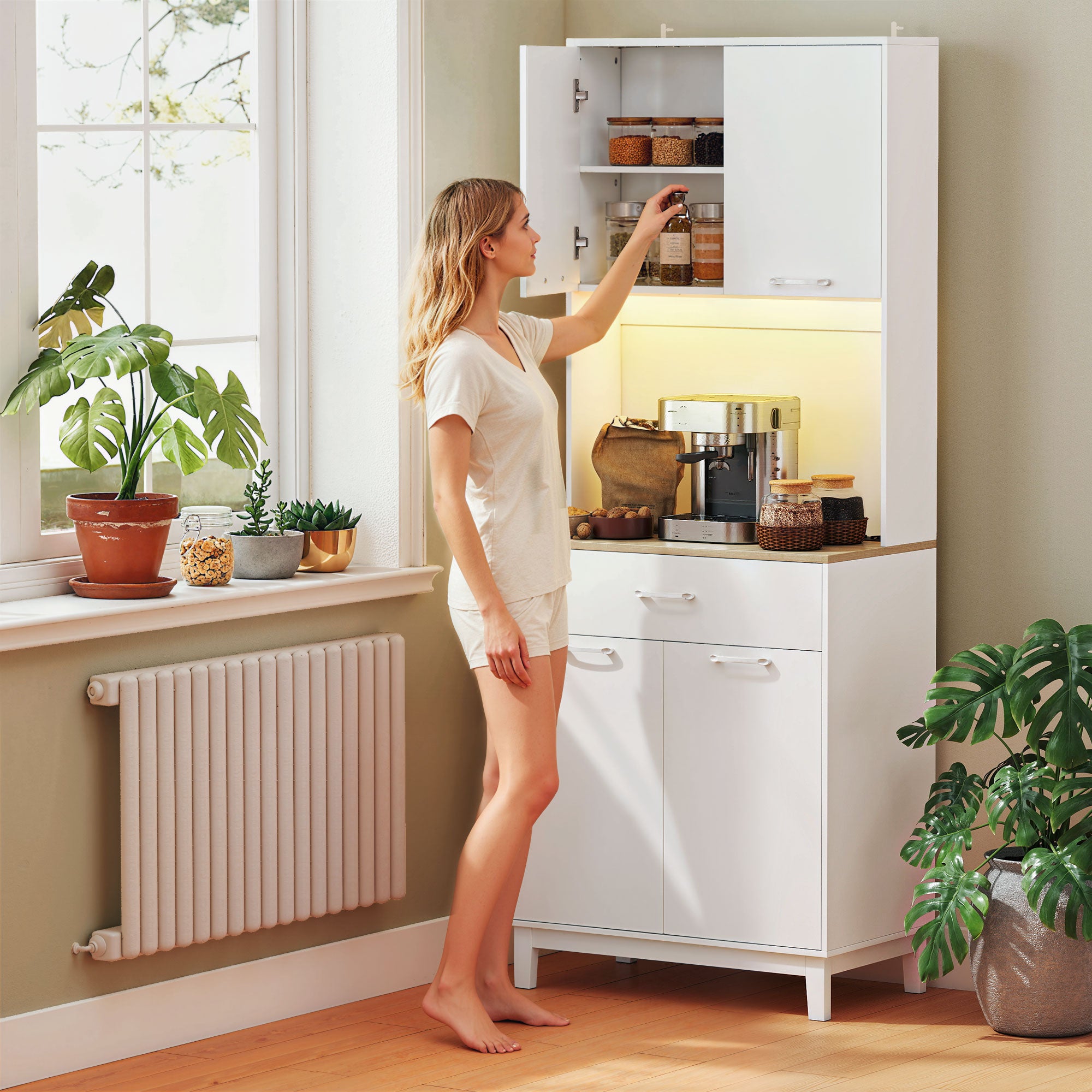 Buffet Haut Cuisine avec LED et Station de Charge, Armoire de Cuisine 180cm avec 4 Portes, Tiroir, Étagères Réglables et Plan de Travail, Meuble de Rangement pour Salon, Salle à Manger, Blanc