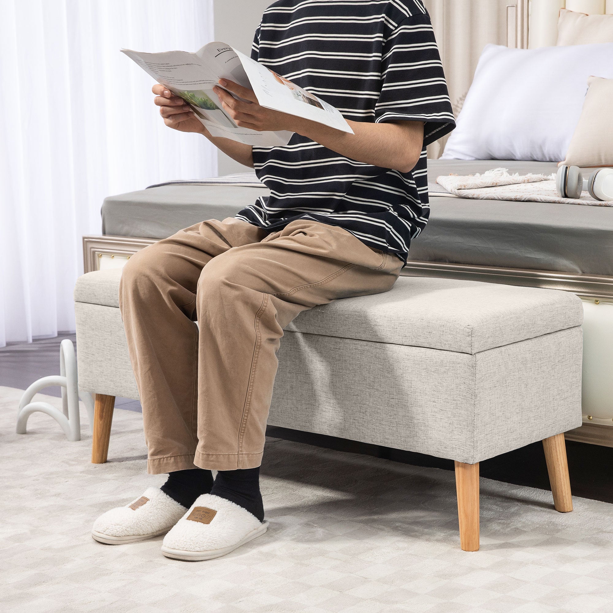 Banc coffre rangement rembourré banquette banc de lit, banc de rangement aspect lin pour la chambre à coucher, entrée, salon, charge 220 Kg, 110 x 39 x 45 cm, beige