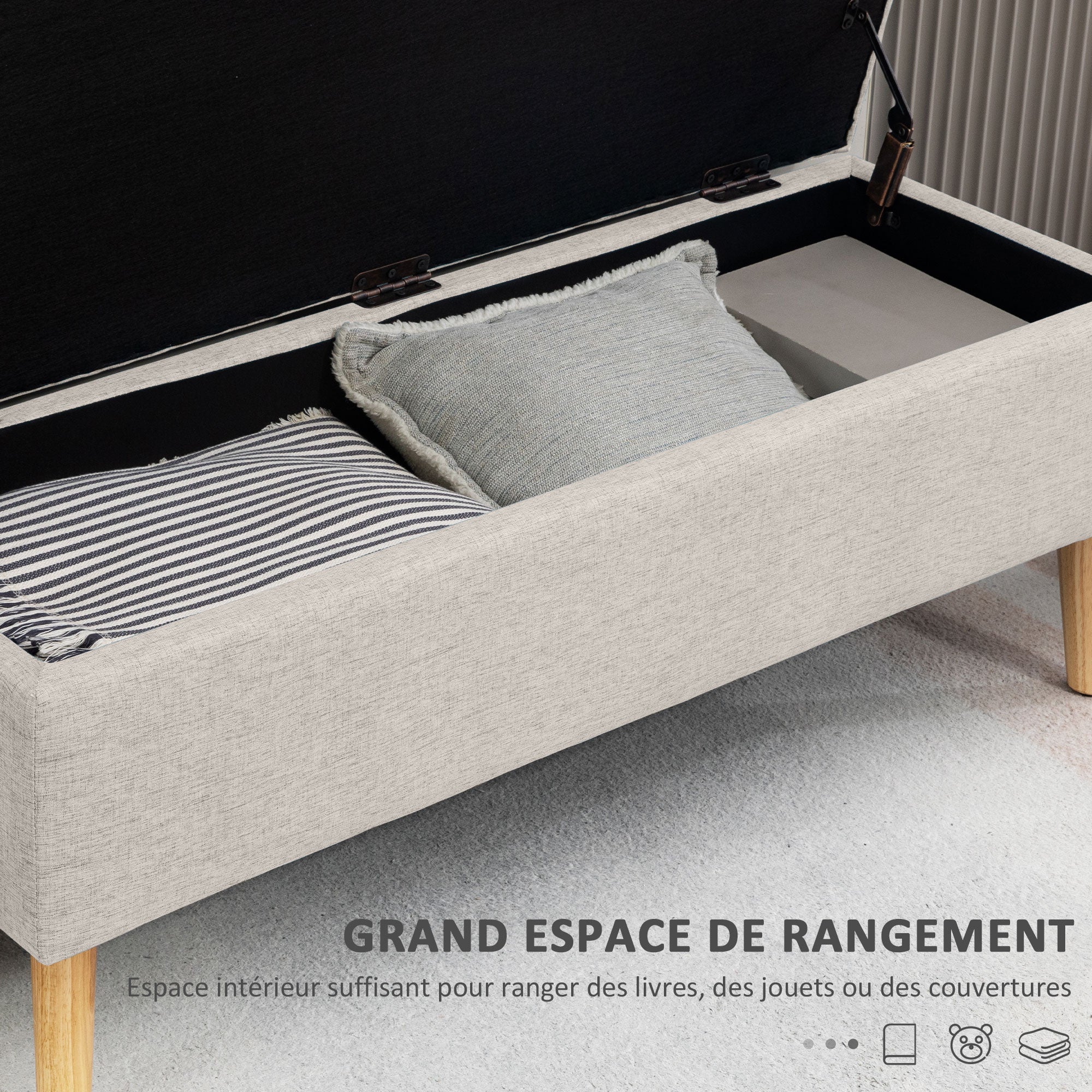 Banc coffre rangement rembourré banquette banc de lit, banc de rangement aspect lin pour la chambre à coucher, entrée, salon, charge 220 Kg, 110 x 39 x 45 cm, beige