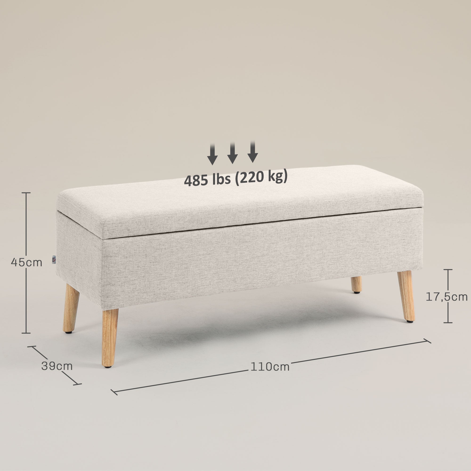 Banc coffre rangement rembourré banquette banc de lit, banc de rangement aspect lin pour la chambre à coucher, entrée, salon, charge 220 Kg, 110 x 39 x 45 cm, beige