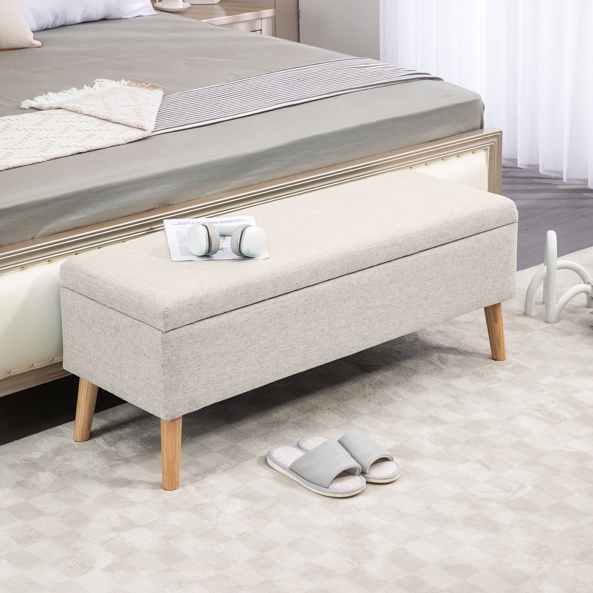 Banc coffre rangement rembourré banquette banc de lit, banc de rangement aspect lin pour la chambre à coucher, entrée, salon, charge 220 Kg, 110 x 39 x 45 cm, beige