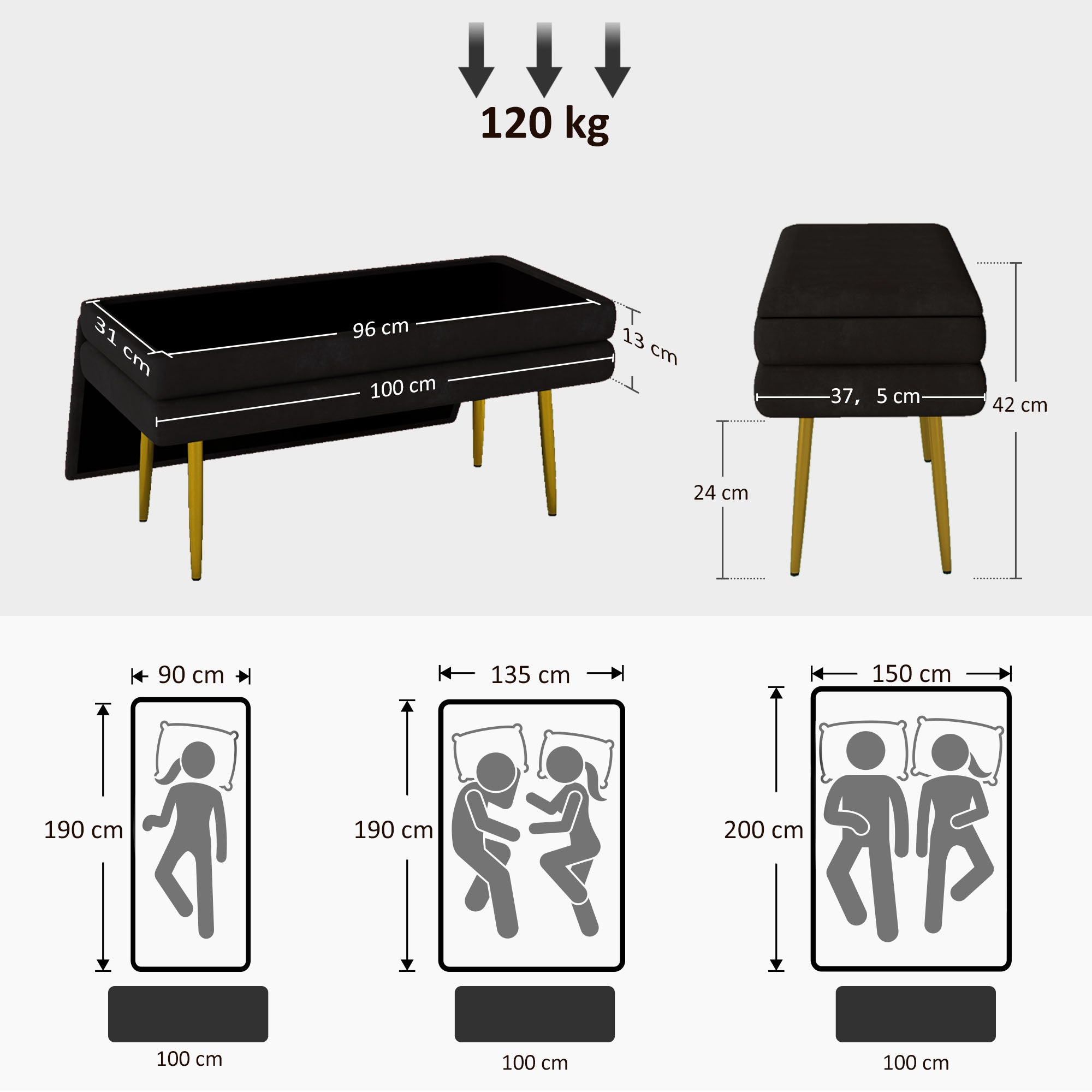 Banc de rangement, bout de lit, coffre de rangement avec assise aspect velours et pieds acier, 100 x 37,5 x 42 cm, noir et doré