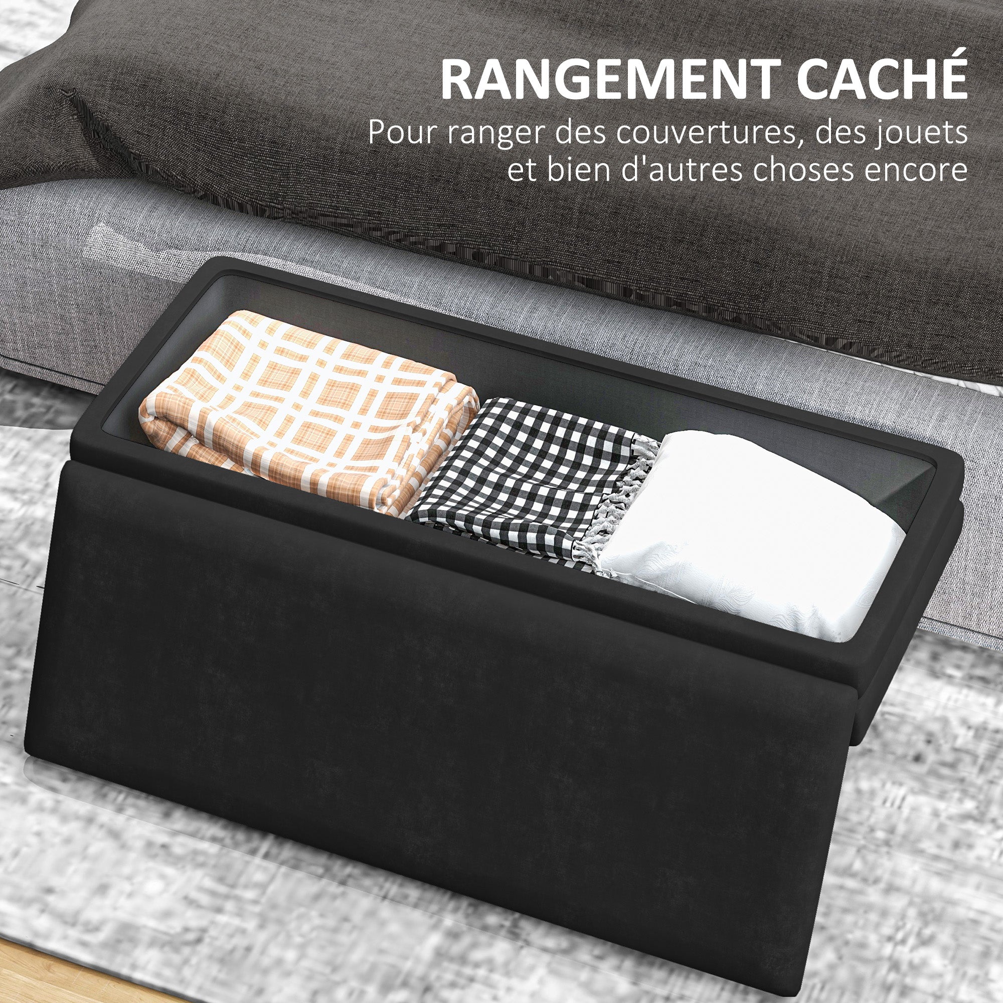 Banc de rangement, bout de lit, coffre de rangement avec assise aspect velours et pieds acier, 100 x 37,5 x 42 cm, noir et doré