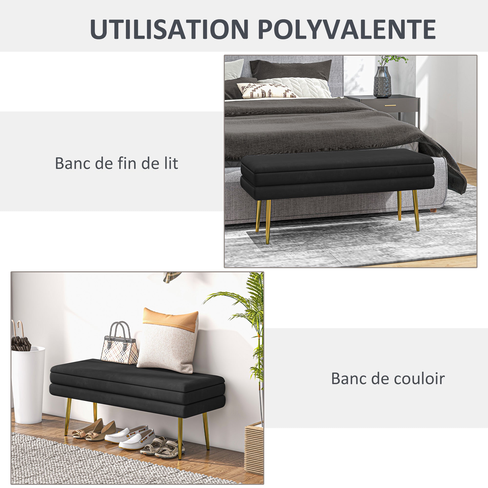 Banc de rangement, bout de lit, coffre de rangement avec assise aspect velours et pieds acier, 100 x 37,5 x 42 cm, noir et doré