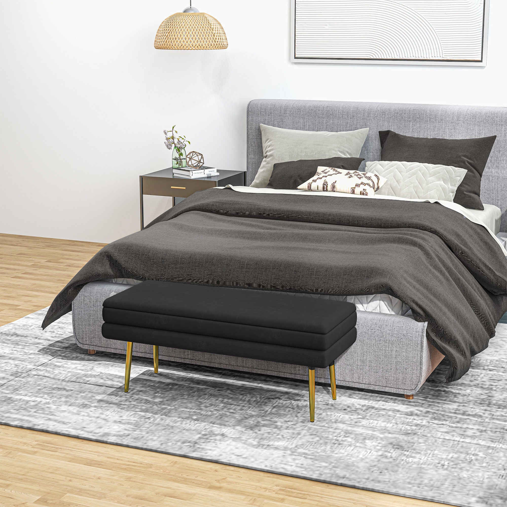 Banc de rangement, bout de lit, coffre de rangement avec assise aspect velours et pieds acier, 100 x 37,5 x 42 cm, noir et doré