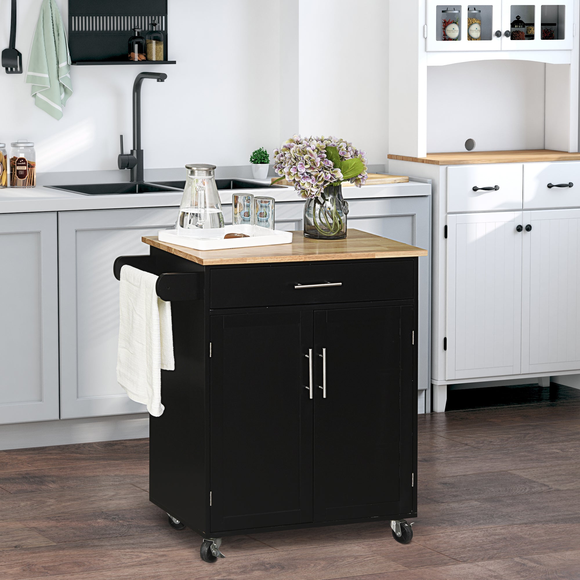 Desserte de cuisine sur roulettes chariot de service Ilot de cuisine avec tiroir de placard et porte-torchons - 83l x 45P x 91,5H cm noir