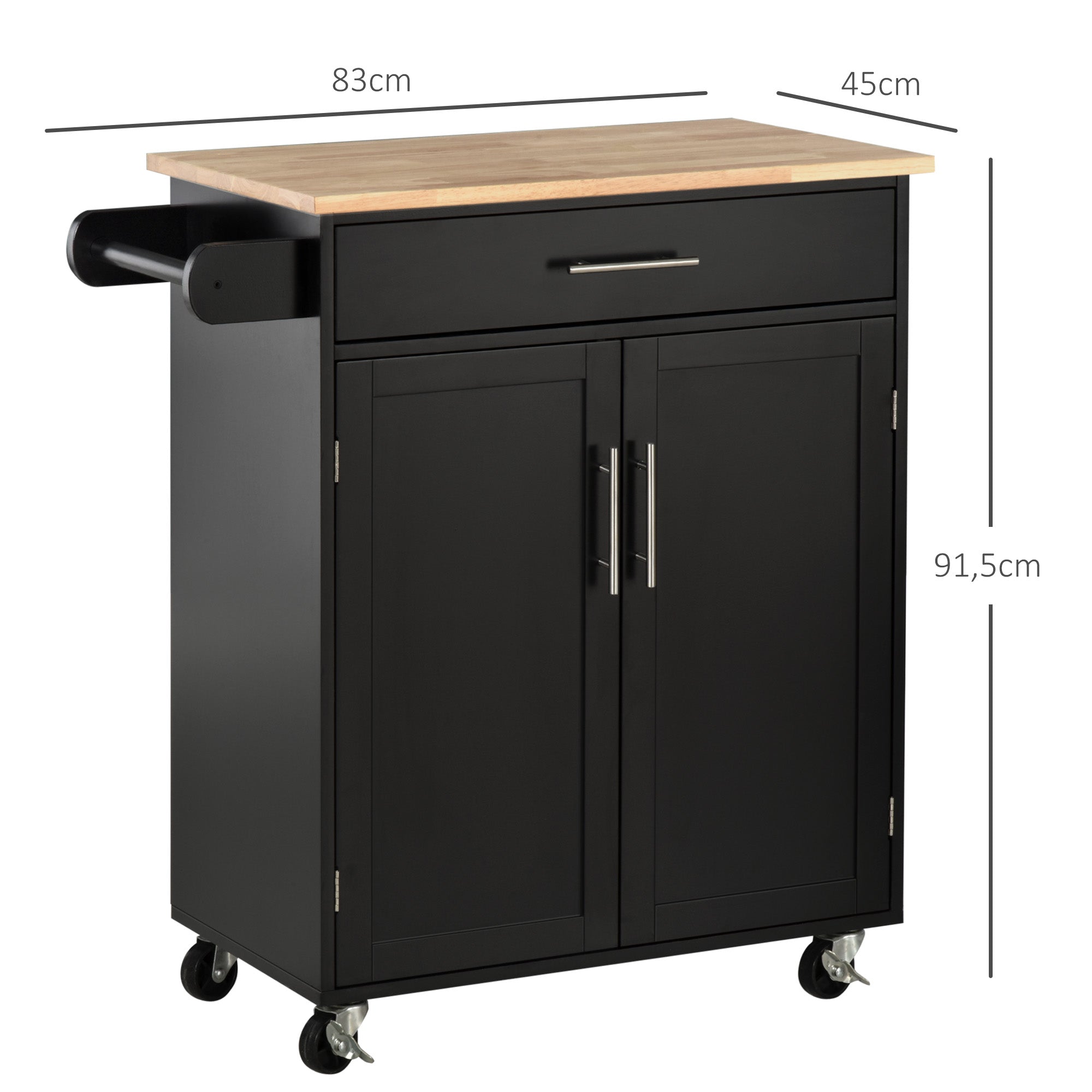 Desserte de cuisine sur roulettes chariot de service Ilot de cuisine avec tiroir de placard et porte-torchons - 83l x 45P x 91,5H cm noir