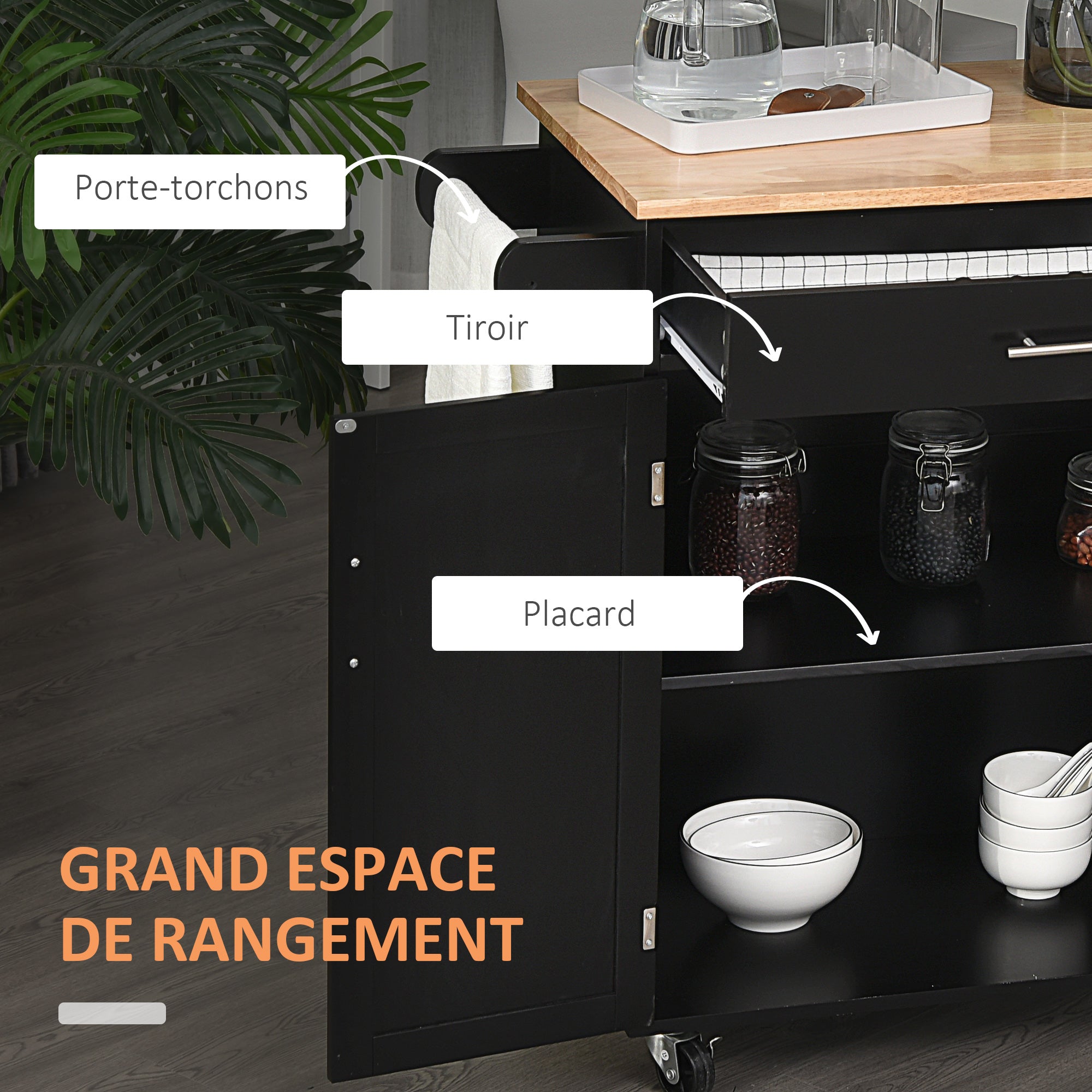 Desserte de cuisine sur roulettes chariot de service Ilot de cuisine avec tiroir de placard et porte-torchons - 83l x 45P x 91,5H cm noir