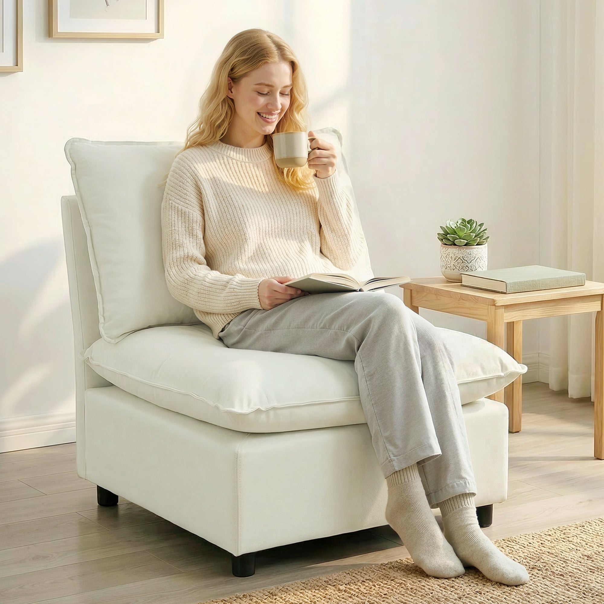 Fauteuil de salon, canapé 1 place moderne sans accoudoirs avec assise large, coussins épais, tissu en lin, fauteuil de lecture pour chambre, salon,petit espace, crème