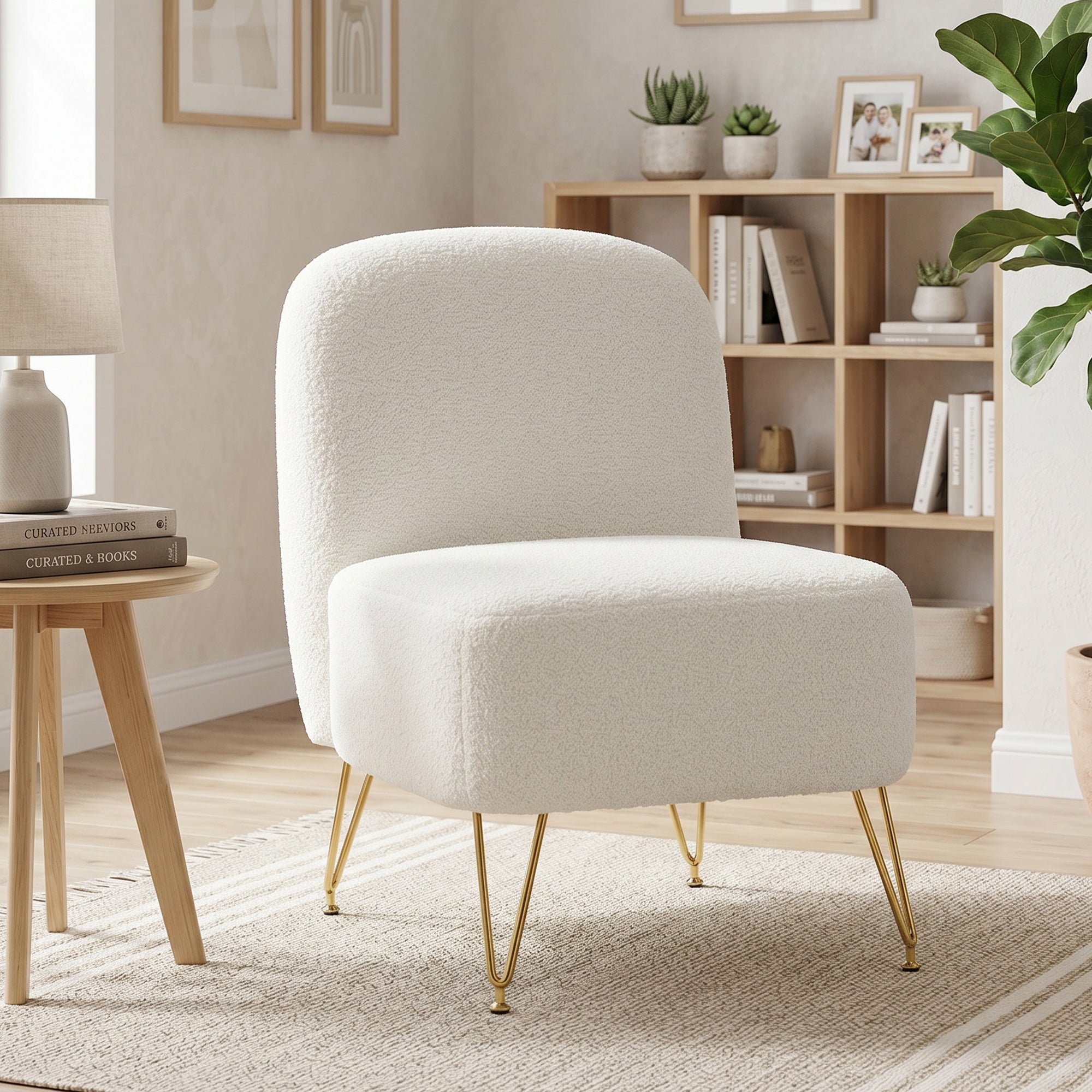 Fauteuil Salon Sans Accoudoirs, Fauteuil d'Appoint Rembourré en Tissu Bouclette, Coussin Épais, Assise Large, Pieds en Métal Doré, Style Moderne, Chaise de Salon, Chambre, Coins Lecture, Blanc