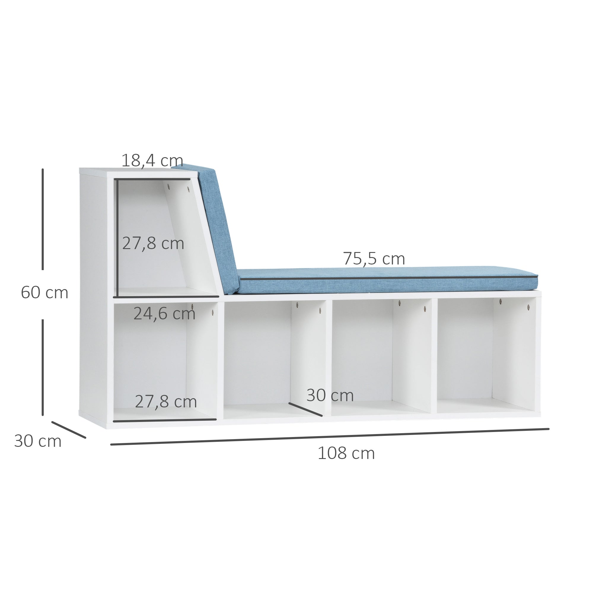 Bibliothèque banc 2 en 1 avec 5 compartiments de rangement et 2 coussins étagère de rangement livres 108 x 30 x 60 cm blanc bleu