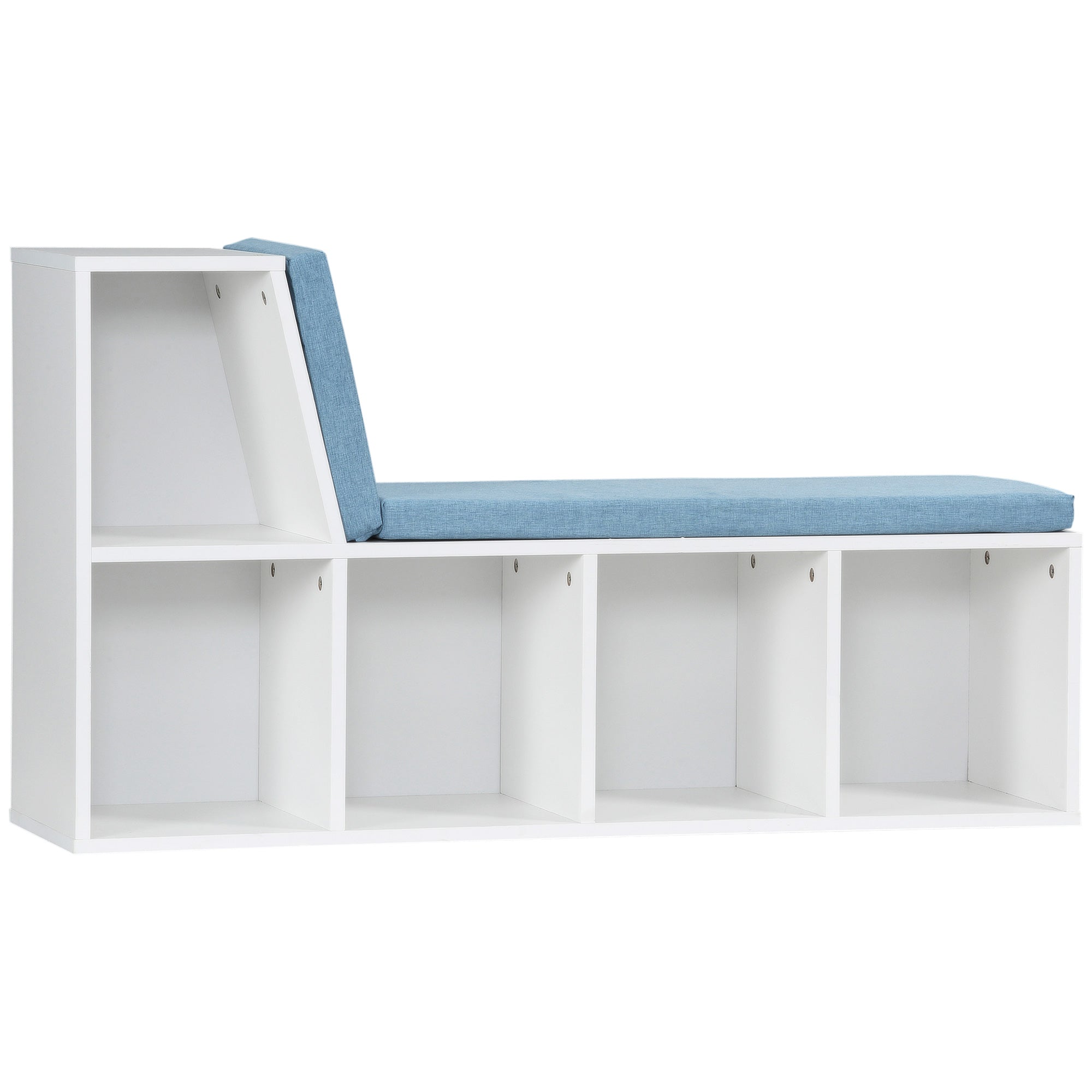 Bibliothèque banc 2 en 1 avec 5 compartiments de rangement et 2 coussins étagère de rangement livres 108 x 30 x 60 cm blanc bleu