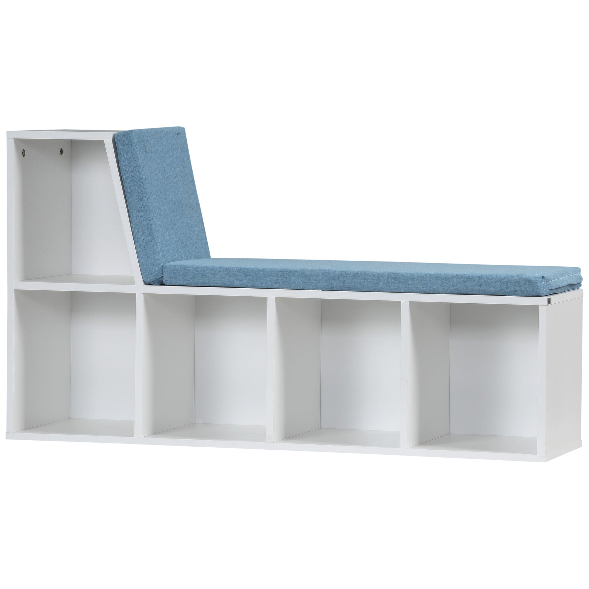 Bibliothèque banc 2 en 1 avec 5 compartiments de rangement et 2 coussins étagère de rangement livres 108 x 30 x 60 cm blanc bleu