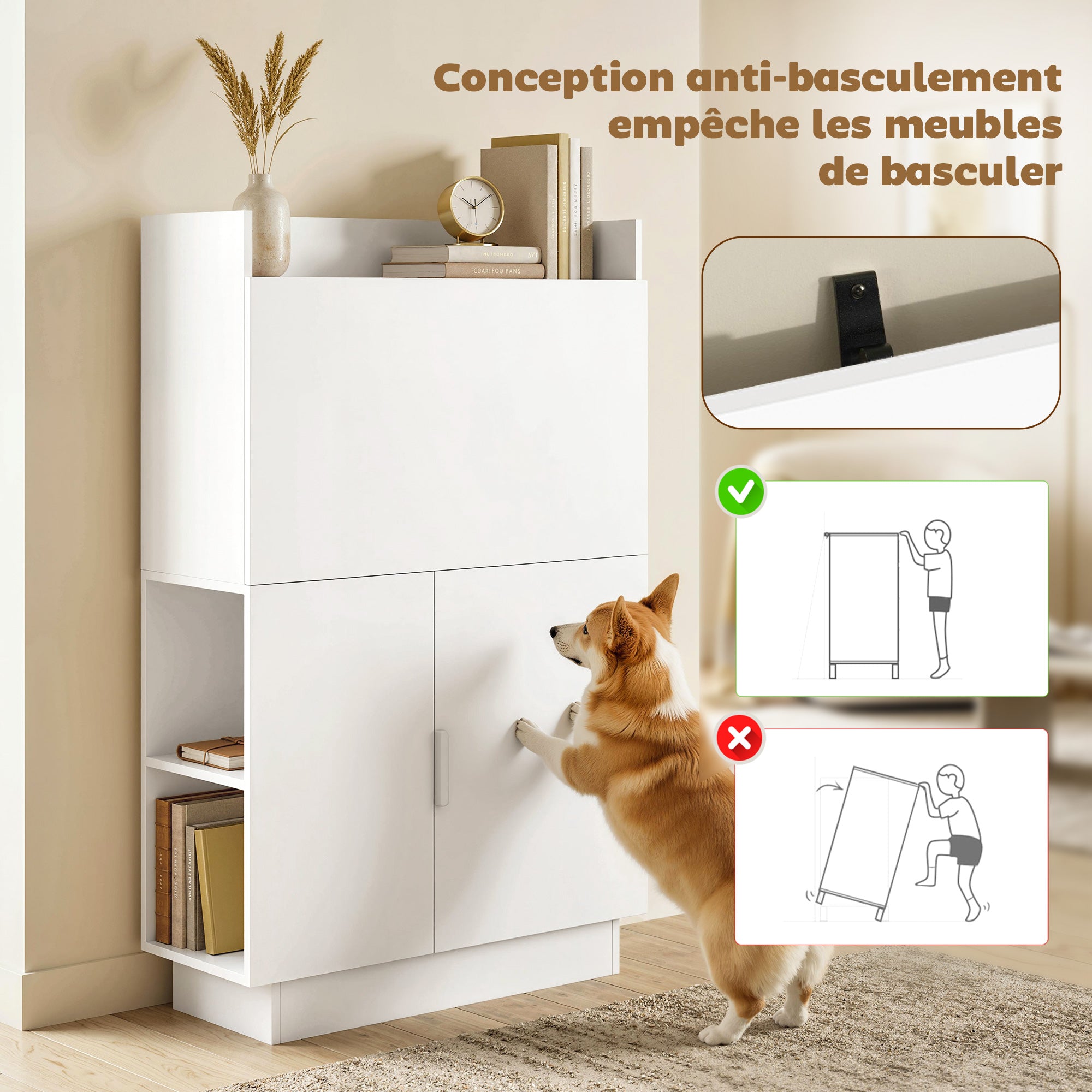 Bureau Pliant, Bureau Informatique avec Plateau Rabattable, Étagères de Rangement et Placard, Style Moderne, 80 x 30 x 128 cm, Blanc