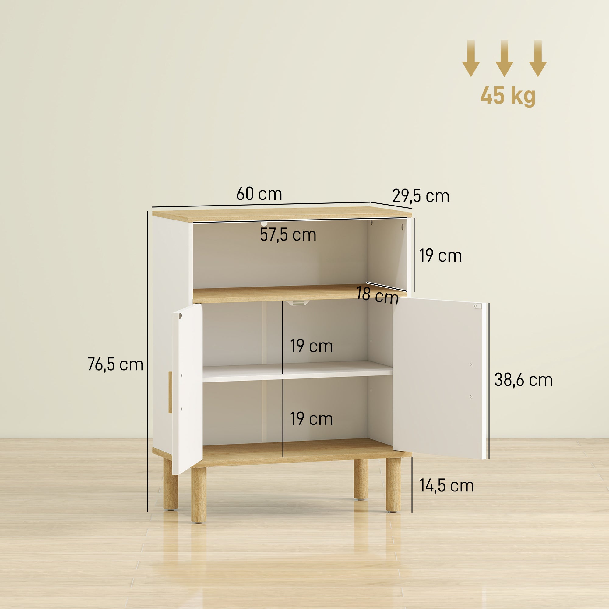 Meuble de salle de bain, meuble de rangement avec 2 portes, compartiment ouvert et étagère réglable, armoire salle de bain, salon, chambre, 60 x 29,5 x 76,5 cm, blanc et bois naturel