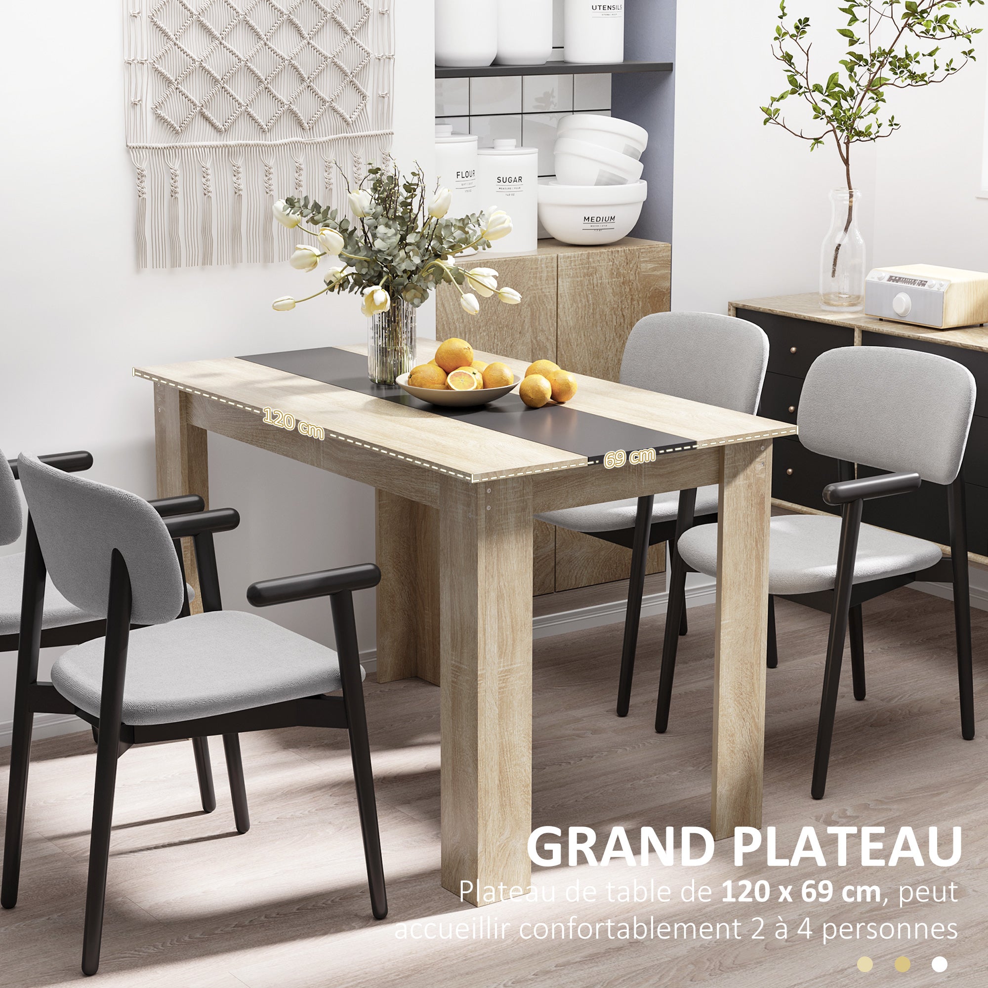 Table à manger rectangulaire pour 4 à 6 personnes, table de cuisine, 120 x 69 x 75 cm, style moderne, pieds triangulaires plus stable, chêne et noir