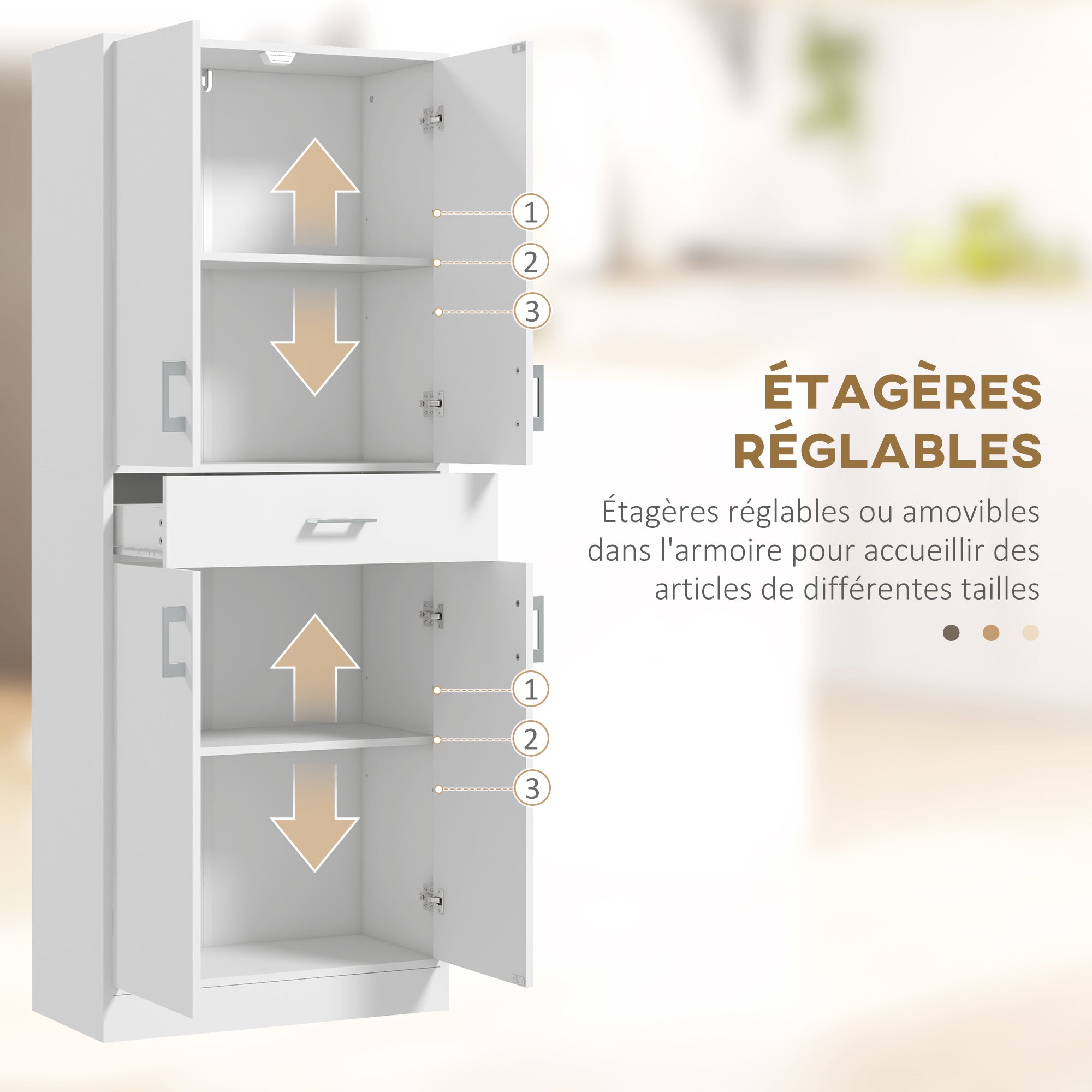 Buffet de cuisine armoire de cuisine buffet haut 2 étagères réglables 4 portes 2 placards et 1 tiroir central hauteur 180 cm blanc