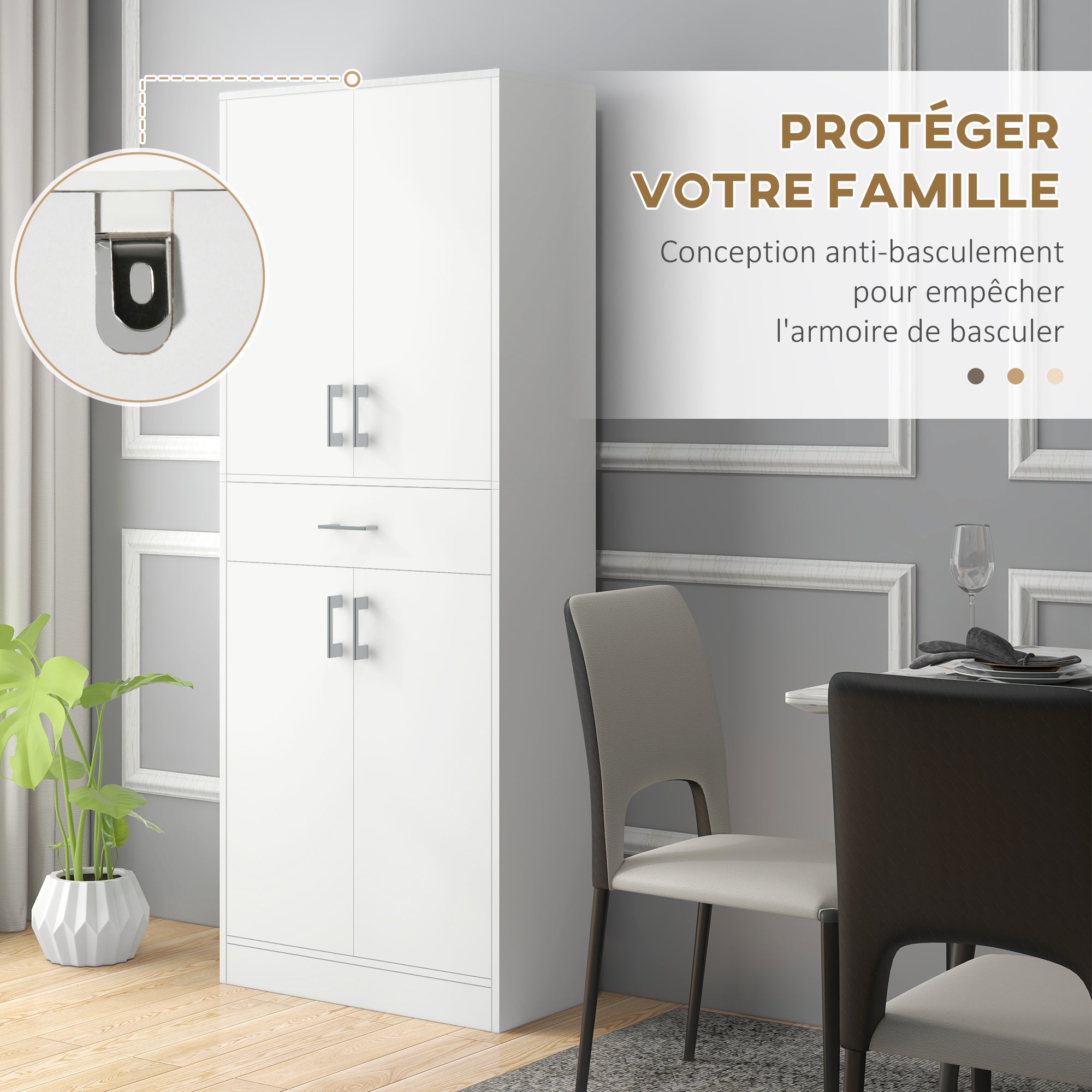 Buffet de cuisine armoire de cuisine buffet haut 2 étagères réglables 4 portes 2 placards et 1 tiroir central hauteur 180 cm blanc
