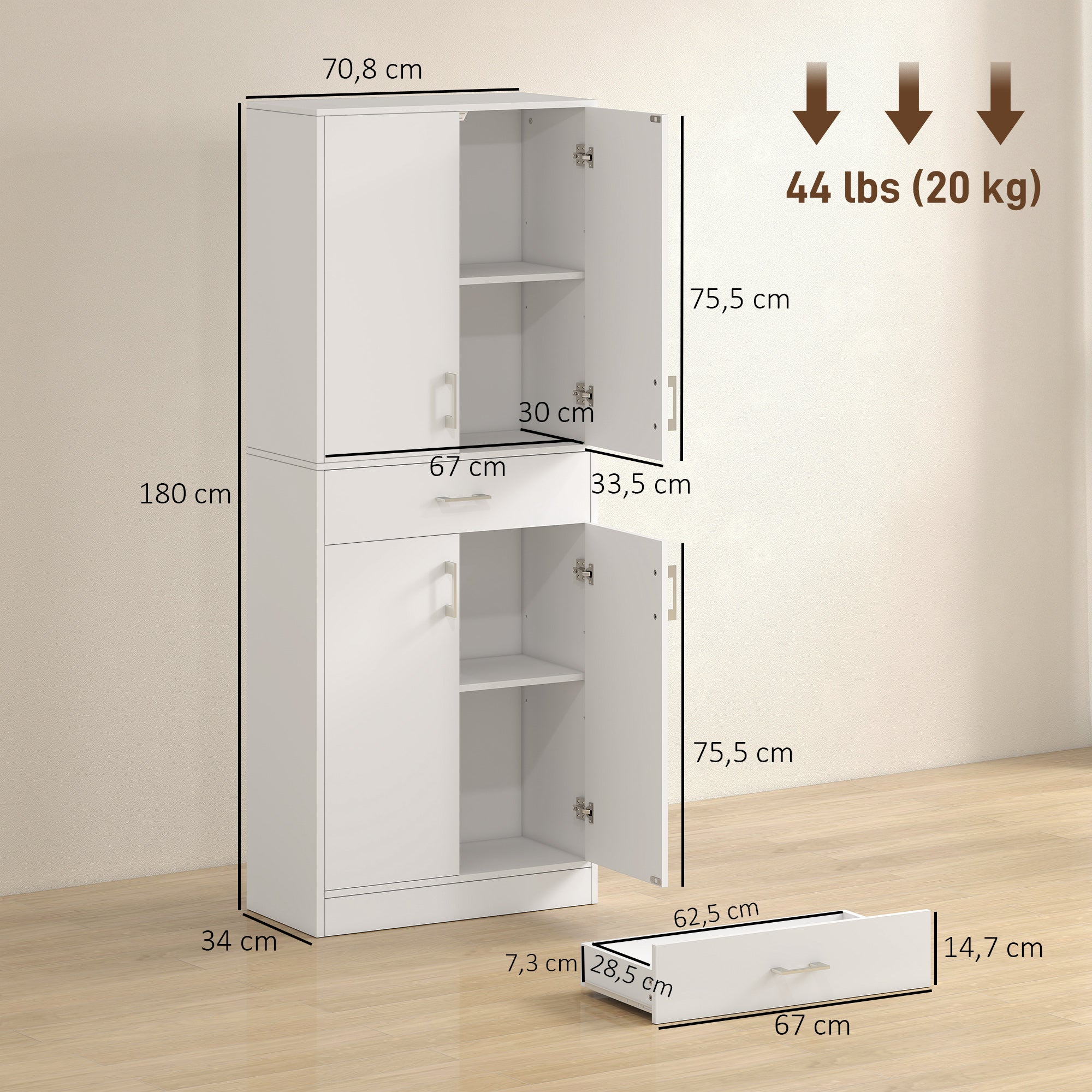Buffet de cuisine armoire de cuisine buffet haut 2 étagères réglables 4 portes 2 placards et 1 tiroir central hauteur 180 cm blanc