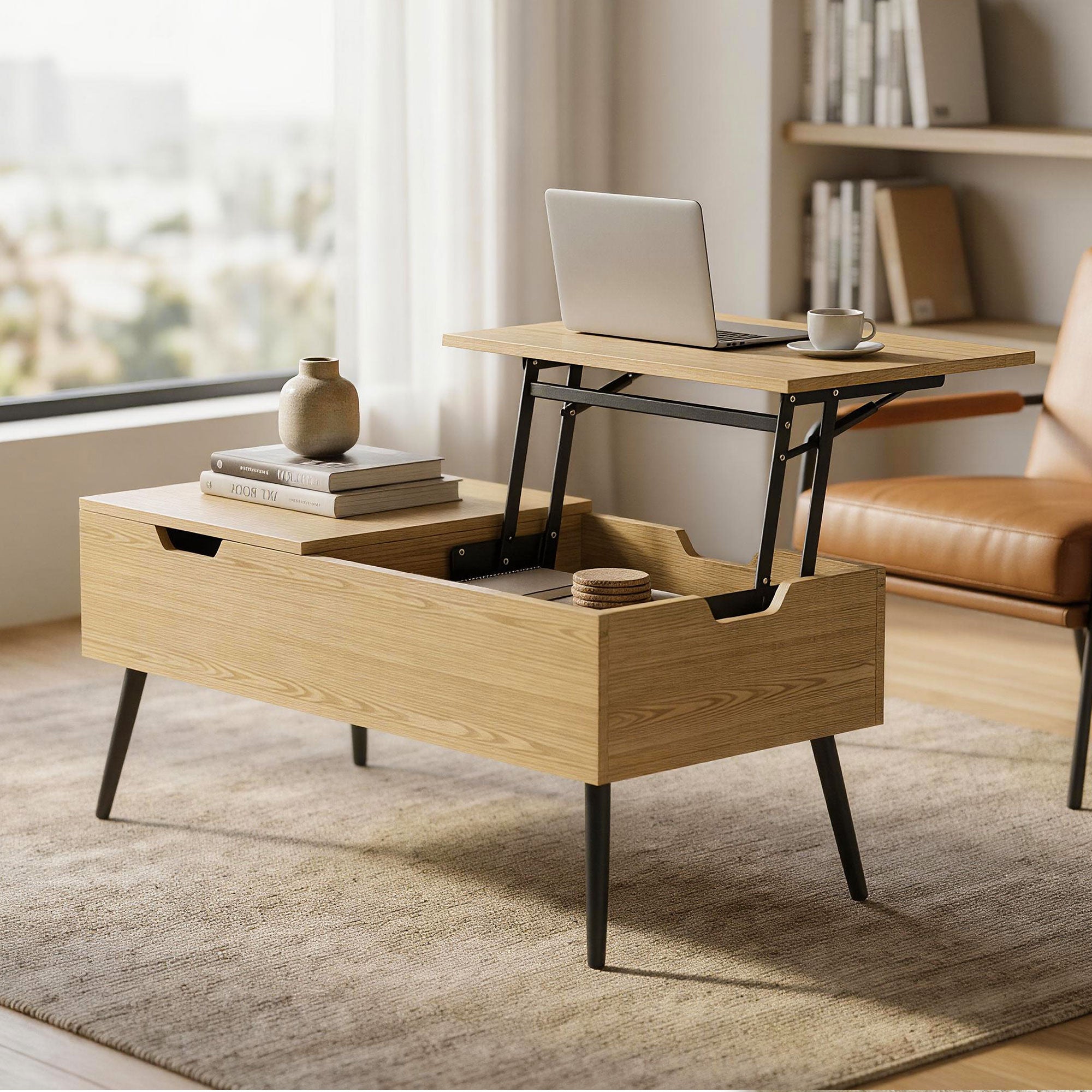 Table basse relevable avec double plateau, table de salon avec compartiment caché et pieds en métal, style moderne, pour salon, bureau, 100 x 50 x 58 cm, bois naturel