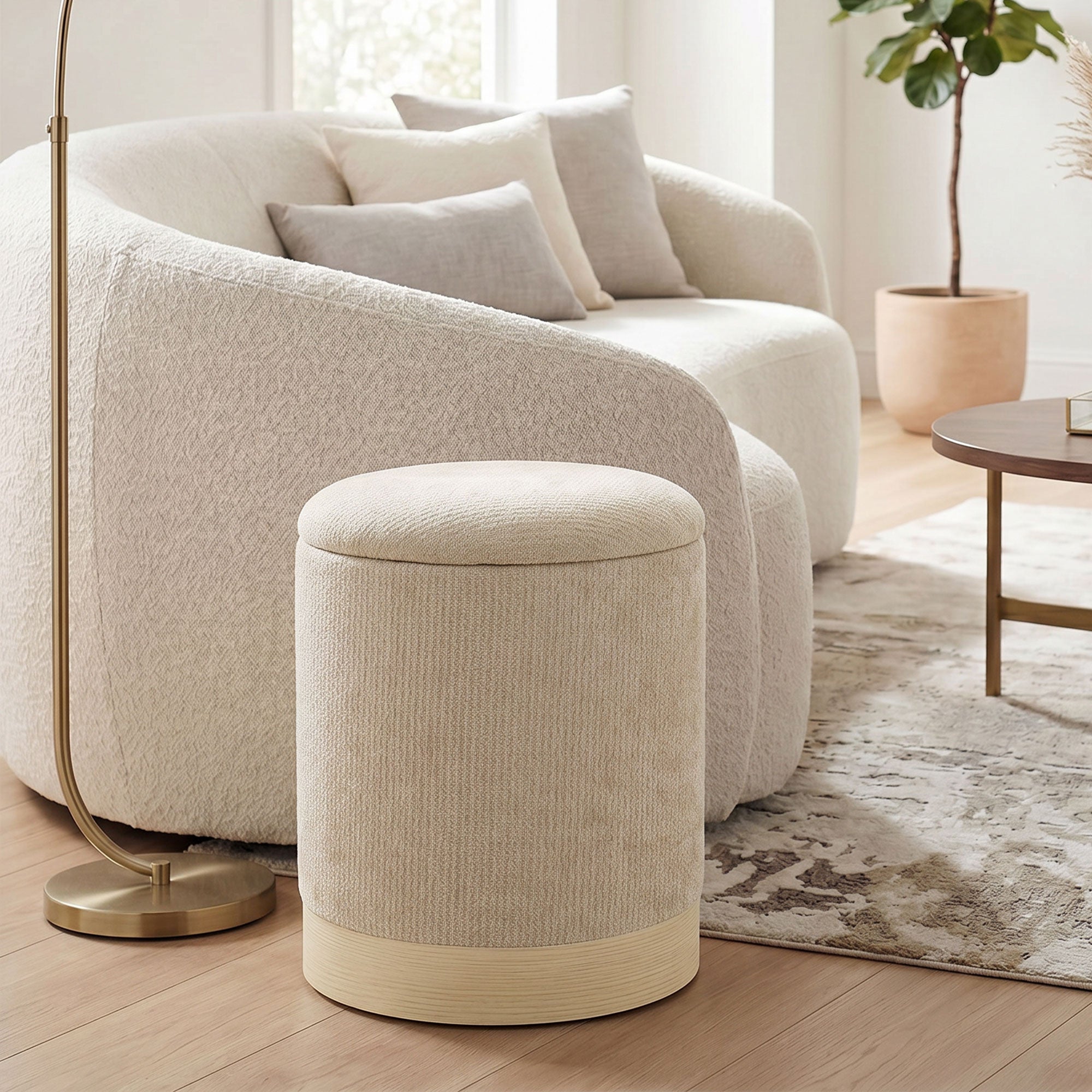Pouf coffre rangement, tabouret rond en chenille, pouf repose-pieds avec base en métal effet bois, pour la chambre à coucher, entrée, salon, charge 120 Kg, Ø 38 x 45 cm, beige