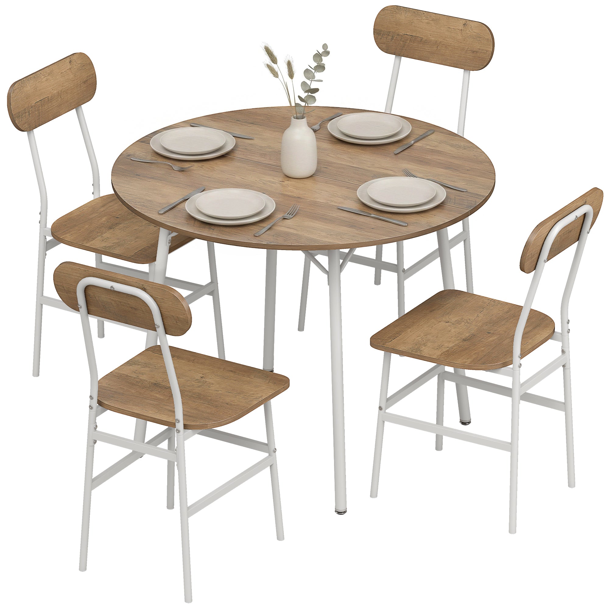 Ensemble table salle à manger avec 4 chaises, table de cuisine avec chaises pour 4 personnes, plateau rond Ø 100 cm, cadre en métal, style industriel, pour salon, petit espace, bois naturel