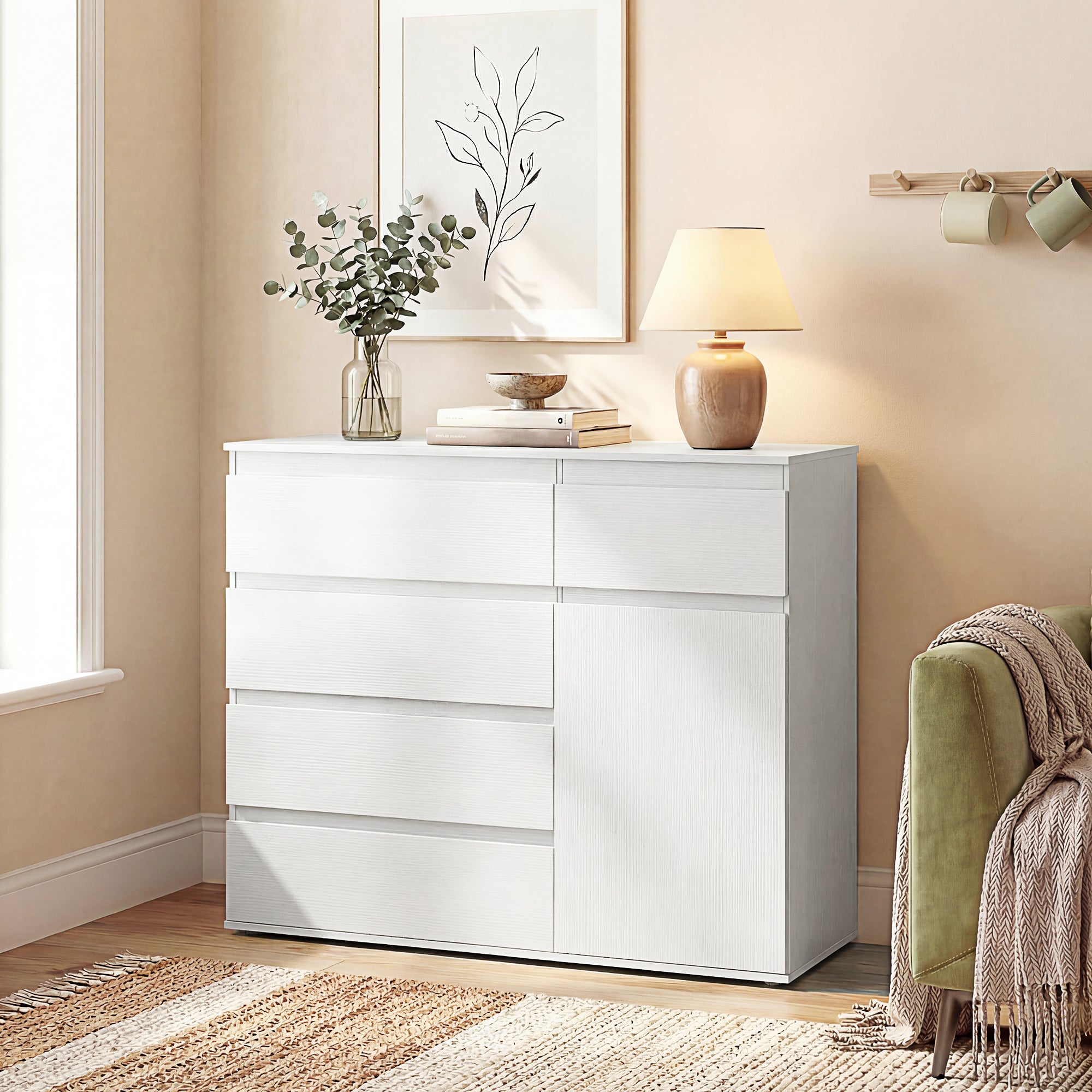 Buffet salon, meuble de rangement avec 5 tiroirs, étagère réglable et porte à fermeture douce, style moderne, buffet salle à manger et cuisine, 100 x 40 x 80 cm, blanc