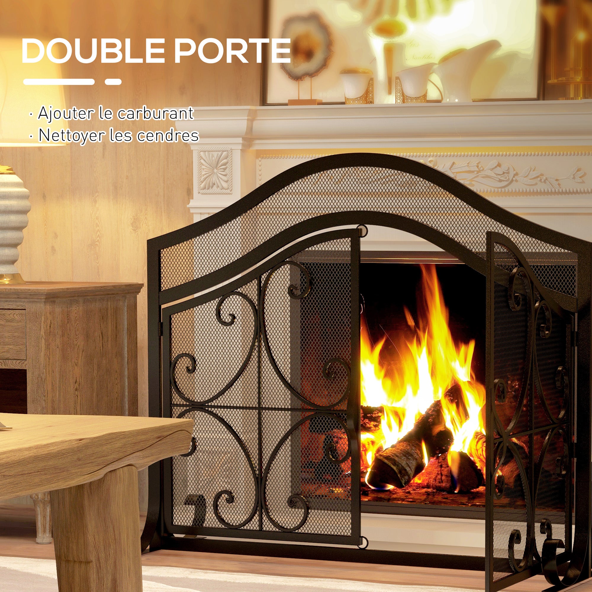 Pare-feu cheminée, grille de protection pour cheminée, panneau unique en maille d'acier, sommet arqué, serviteur cheminée avec double porte magnétiques, 105 x 40 x 80,5 cm, noir