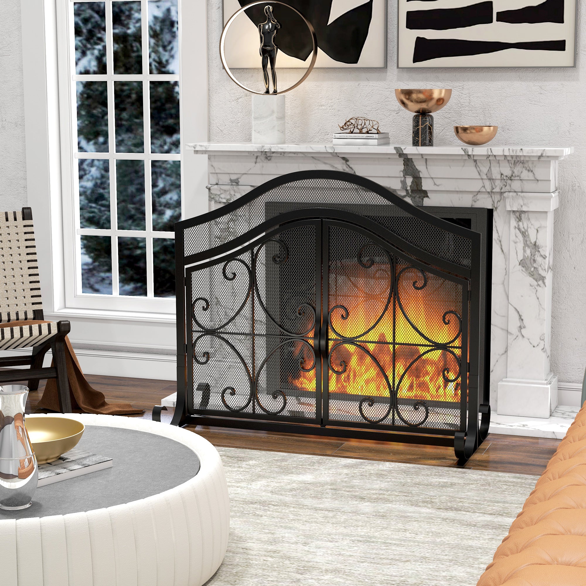 Pare-feu cheminée, grille de protection pour cheminée, panneau unique en maille d'acier, sommet arqué, serviteur cheminée avec double porte magnétiques, 105 x 40 x 80,5 cm, noir