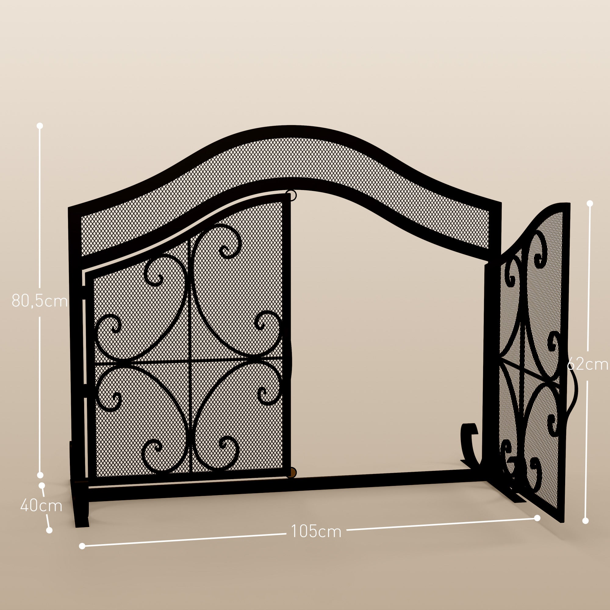 Pare-feu cheminée, grille de protection pour cheminée, panneau unique en maille d'acier, sommet arqué, serviteur cheminée avec double porte magnétiques, 105 x 40 x 80,5 cm, noir
